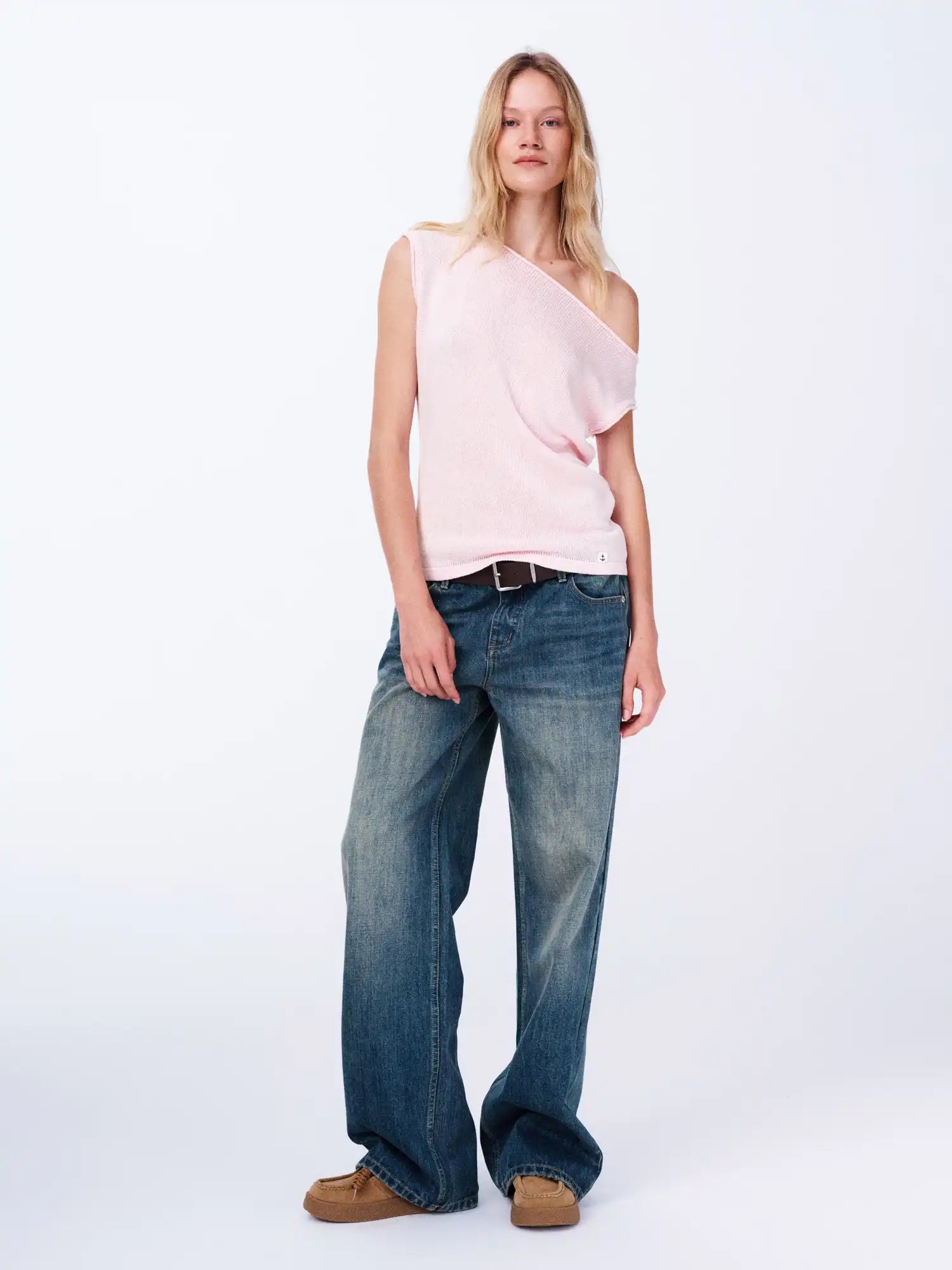 First Floor Linen Tencel Knit Asymmetric Off Shoulder Top | Canton Collective