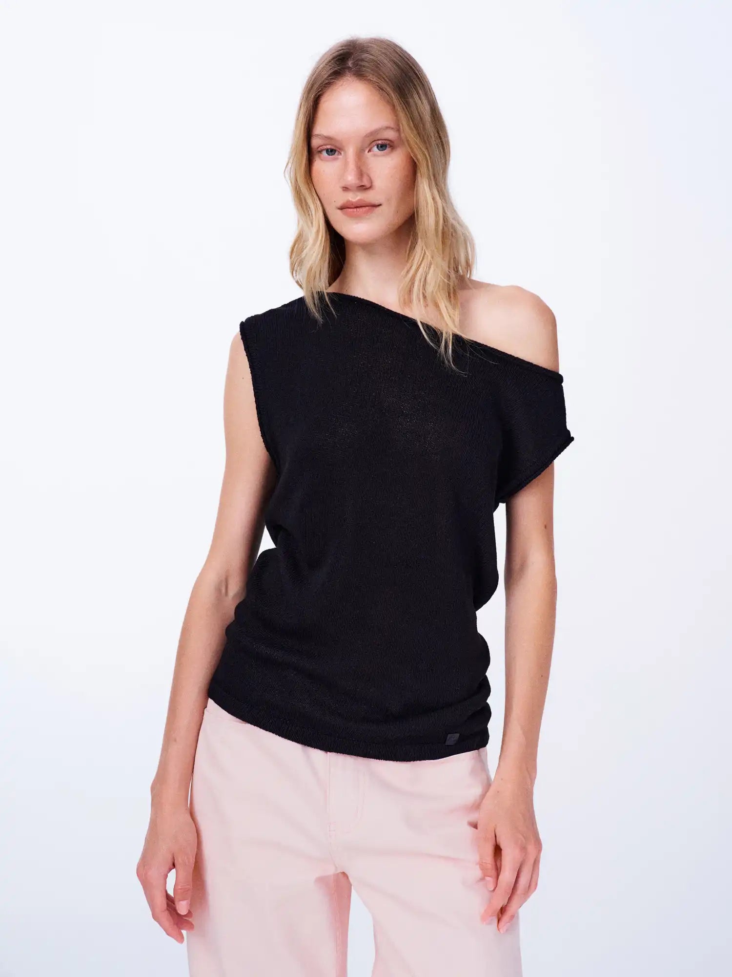 First Floor Linen Tencel Knit Asymmetric Off Shoulder Top | Canton Collective