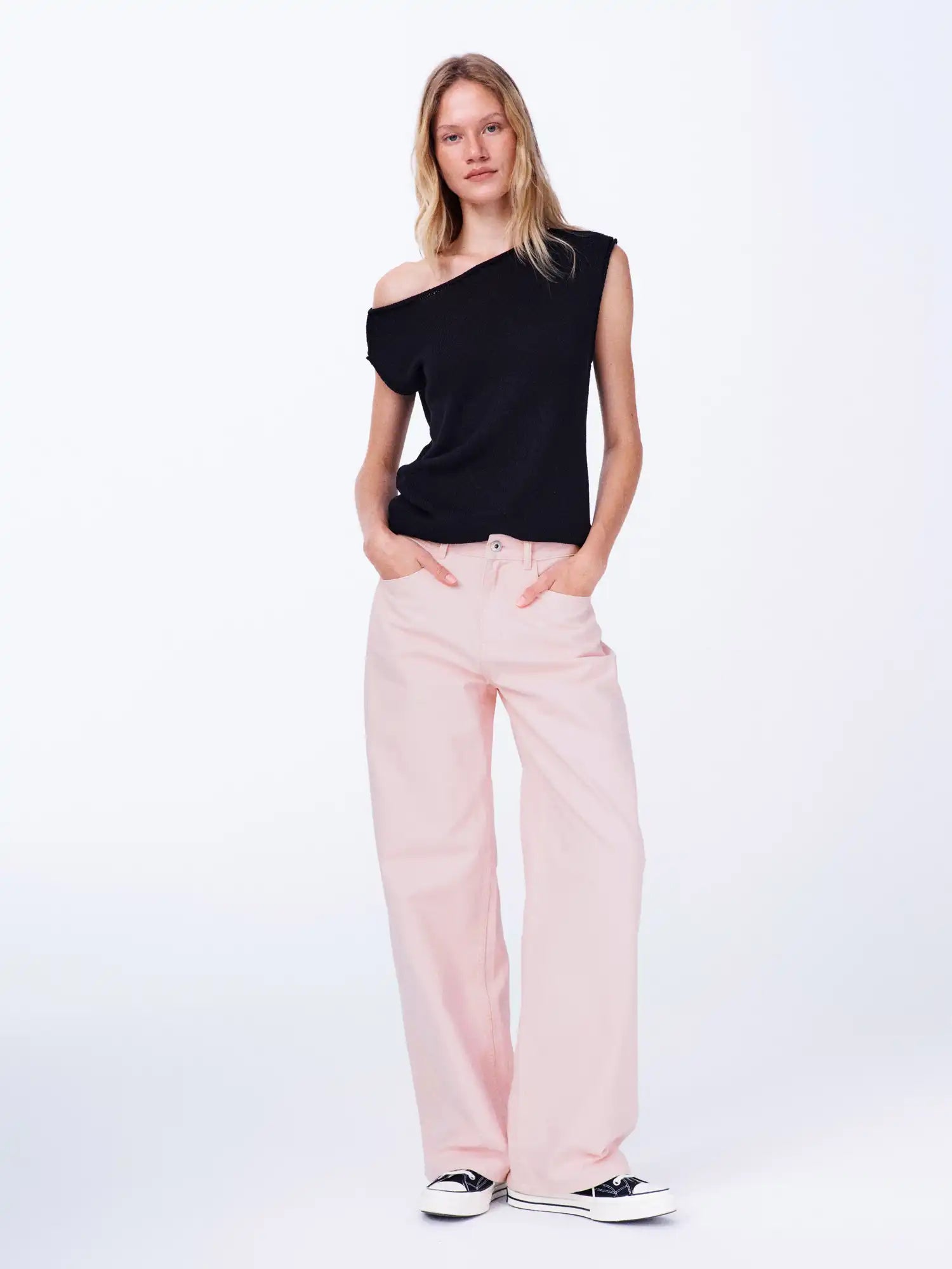 First Floor Linen Tencel Knit Asymmetric Off Shoulder Top | Canton Collective