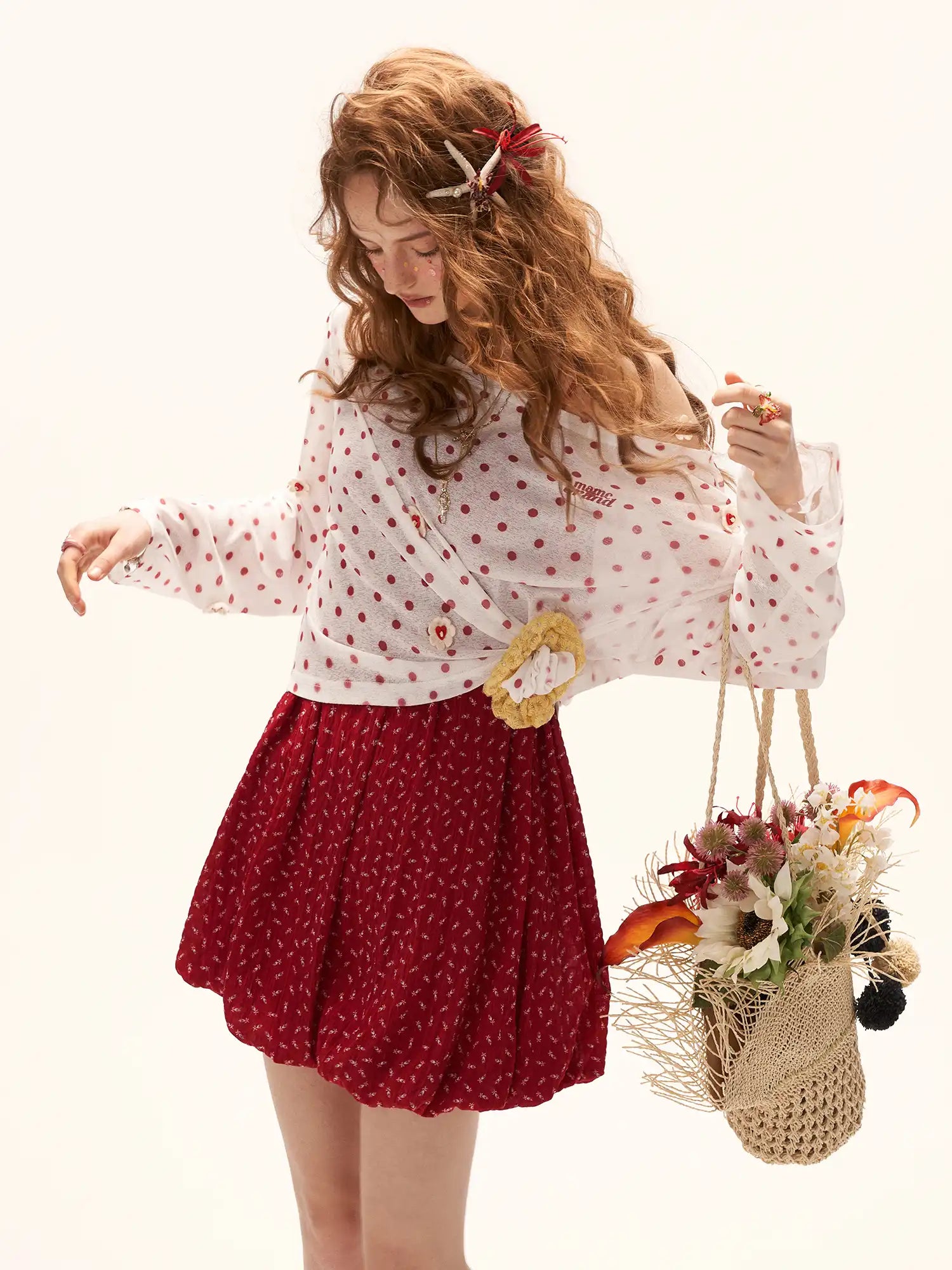 MAMC Long Sleeve Flower Button Polka Dot Sheer Top | Canton Collective