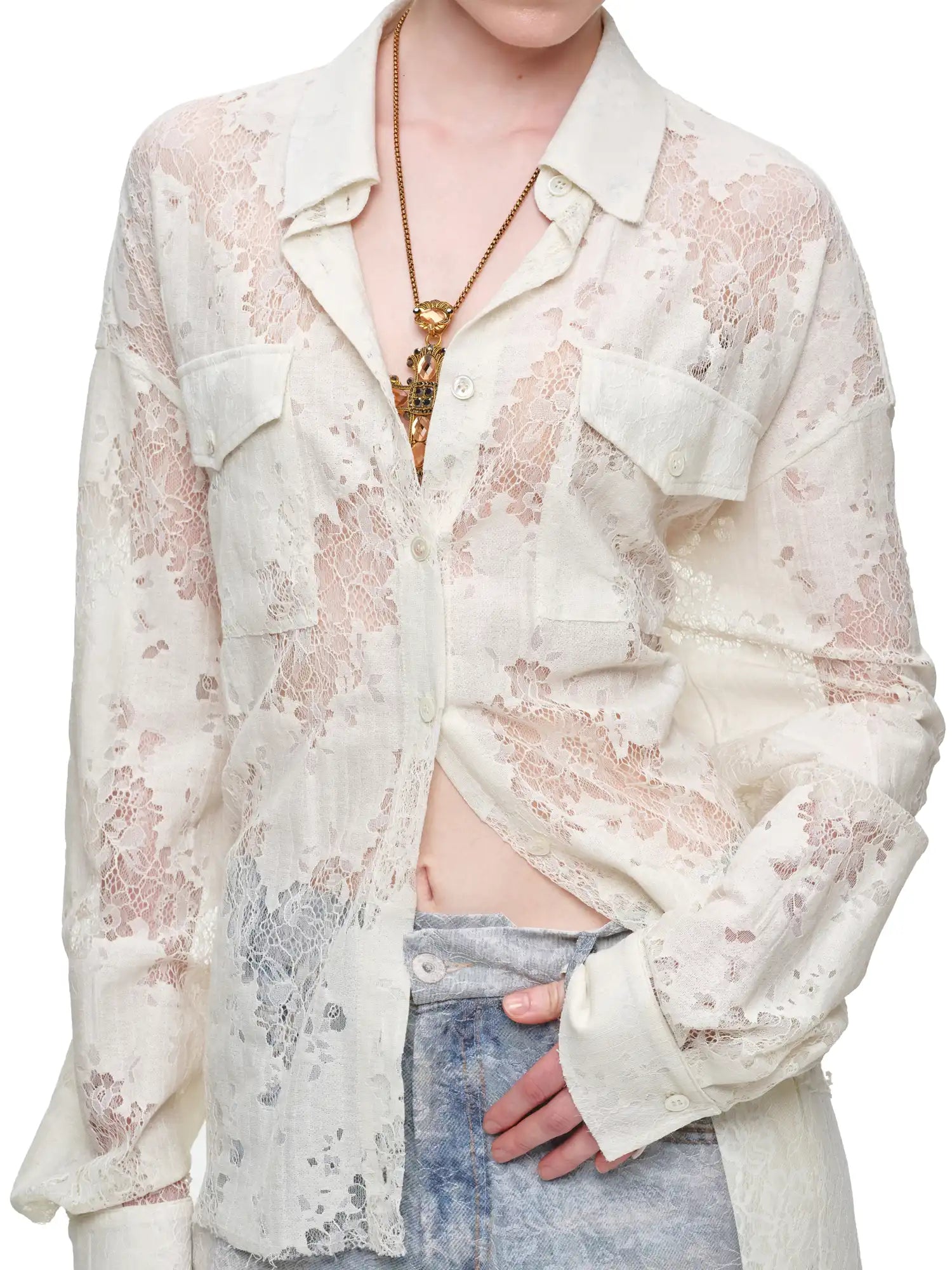 1Jinn Studio Long Sleeve Sheer Floral Lace Shirt | Canton Collective