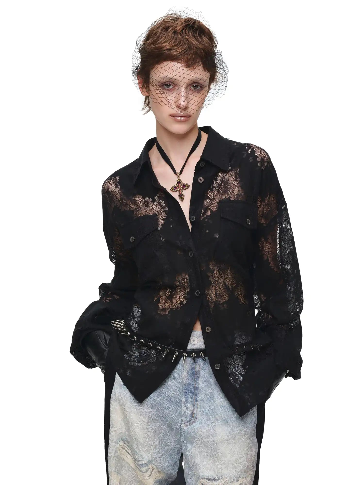 1Jinn Studio Long Sleeve Sheer Floral Lace Shirt | Canton Collective