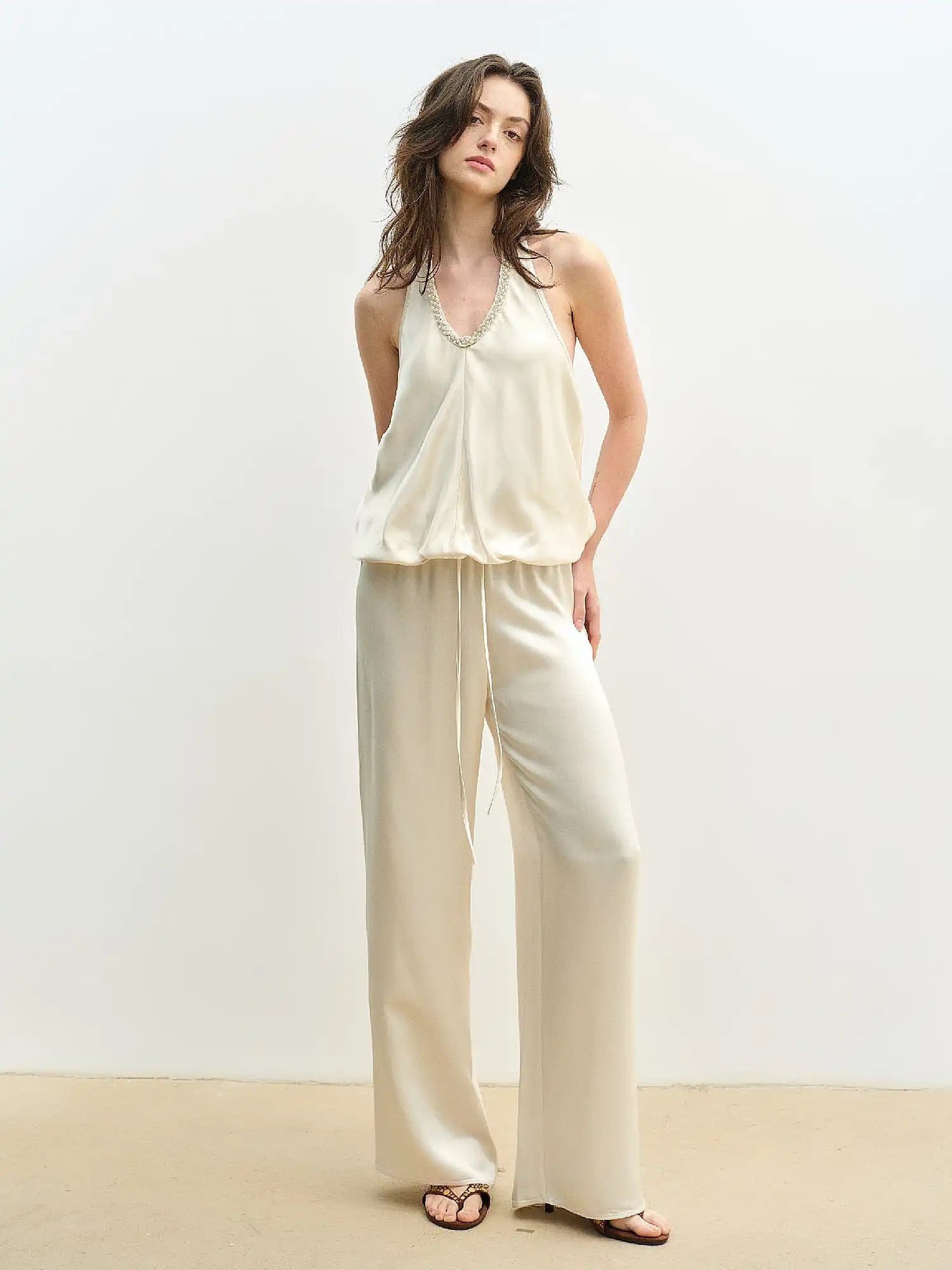 Muse Naps Low Rise Satin Wide Leg Drawstring Pants | Canton Collective