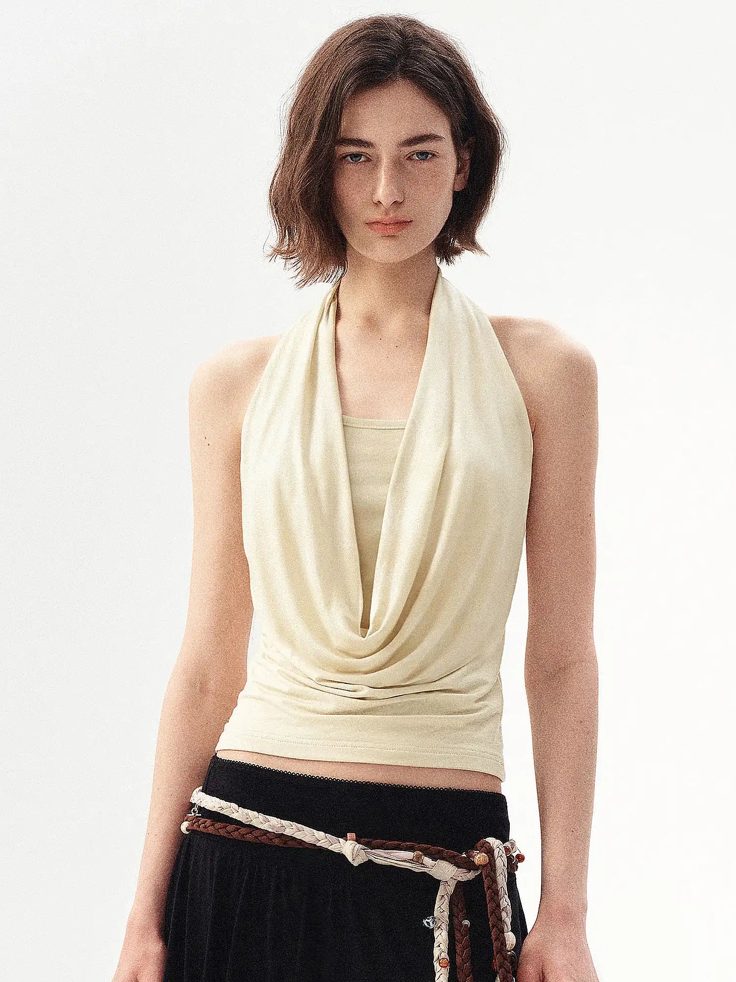 Lyocell Beaded Cowl Neck Halter Top