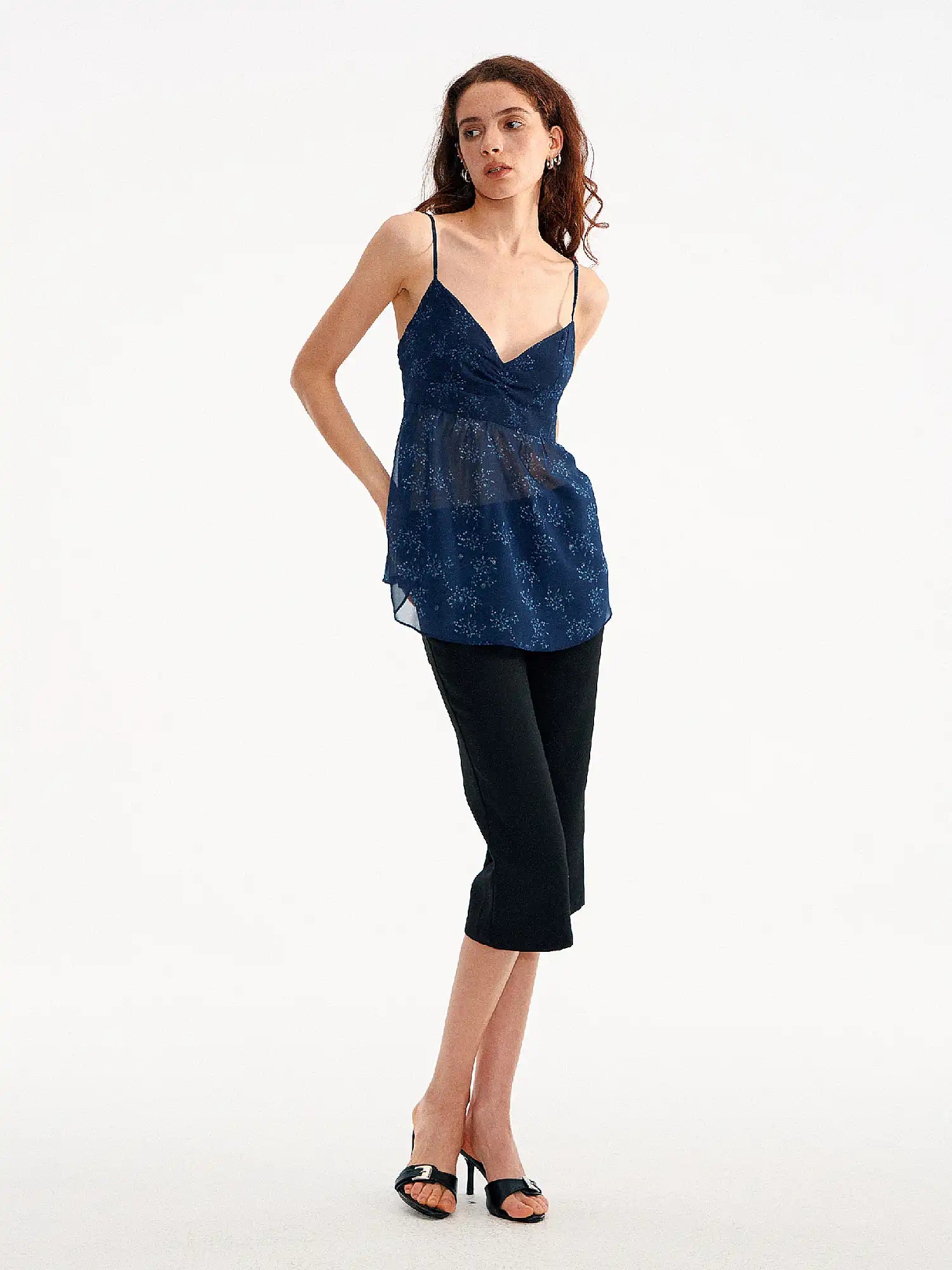 CantonCollective Design Midnight Navy Ditsy Floral Sheer Babydoll Top | Canton Collective
