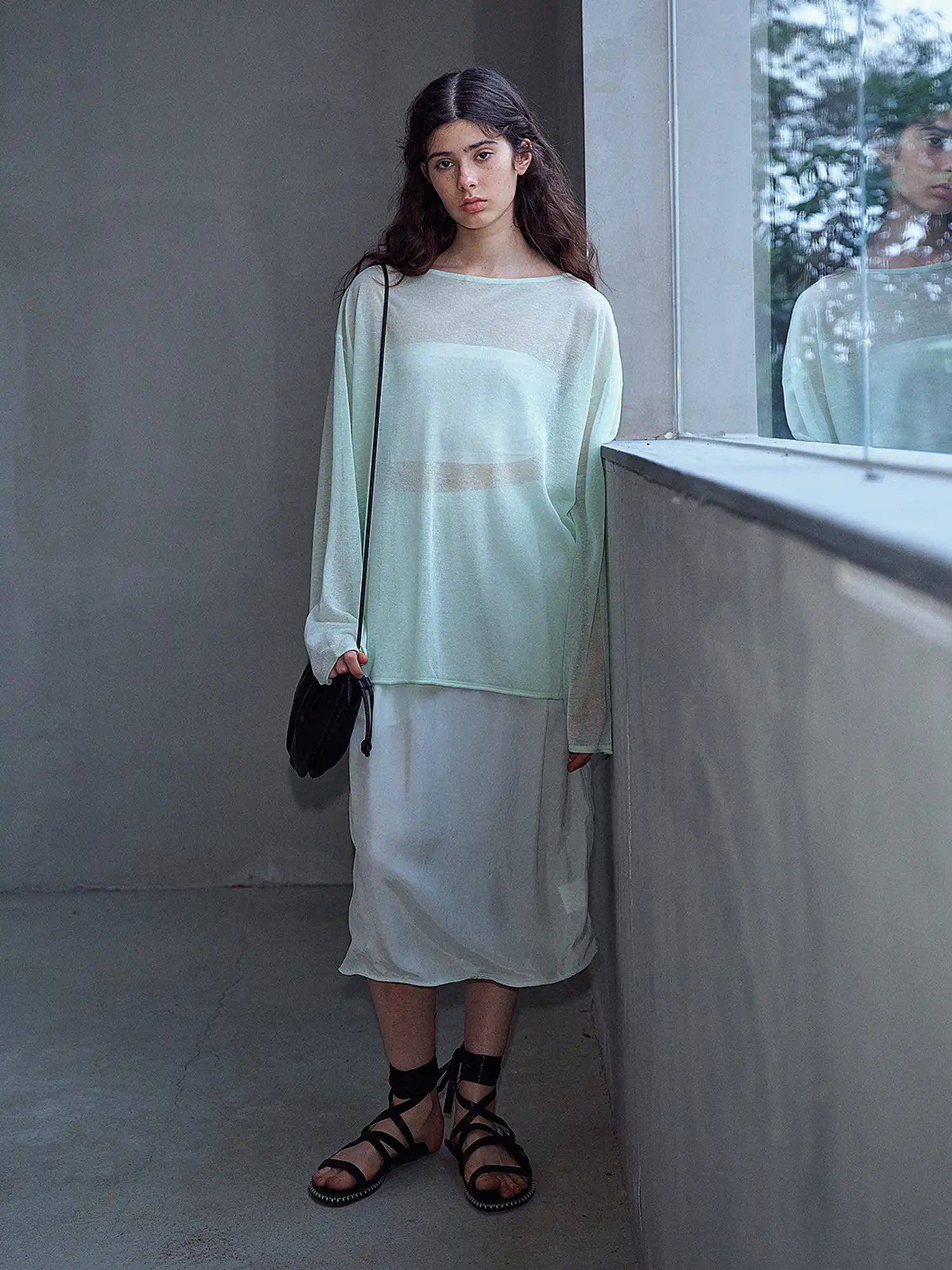 CantonCollective Design Mint Green Sheer Knit Tunic Top | Canton Collective
