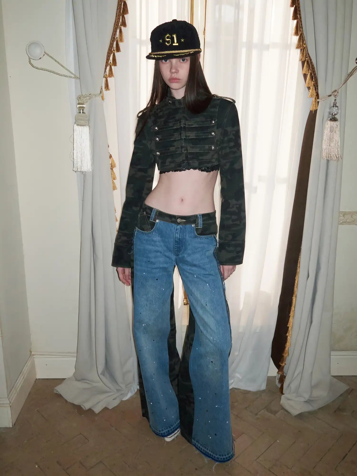 1Jinn Studio Napoleon Double Breasted Denim Camo Ultra Crop Shirt Jacket | Canton Collective