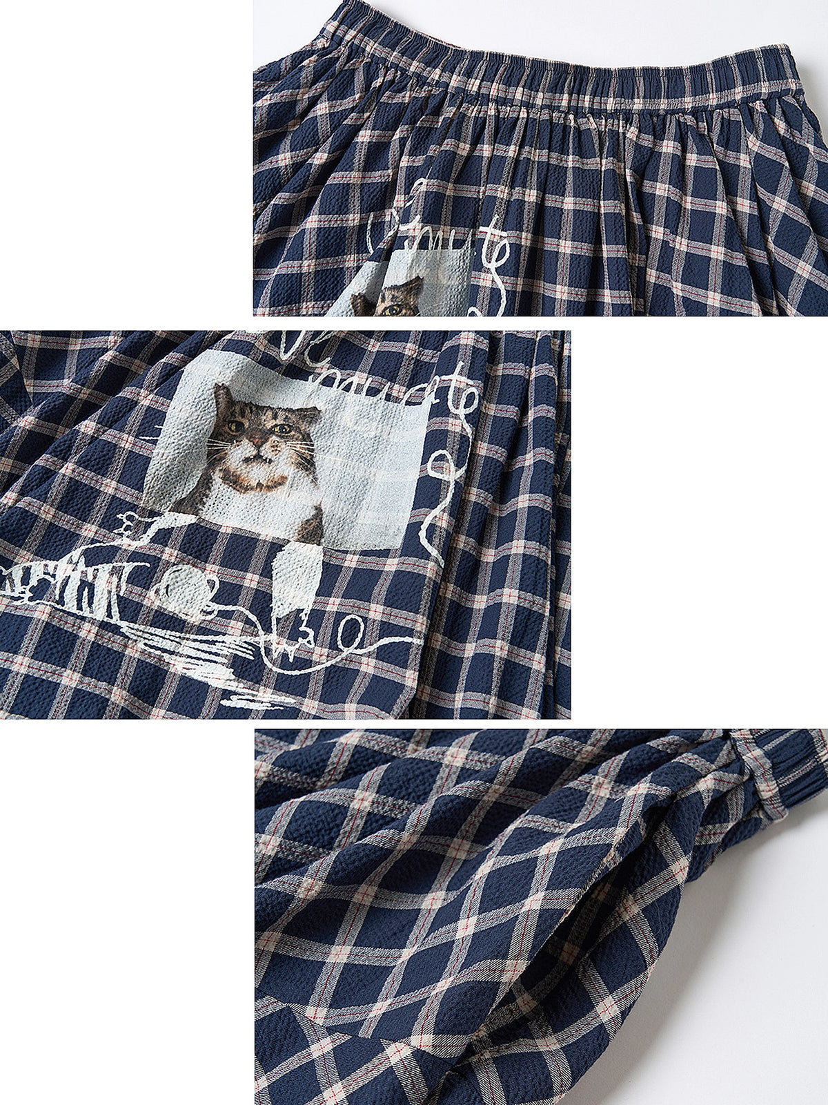 Outtheblue Navy Plaid Cat Graphic Midi Skirt | Canton Collective