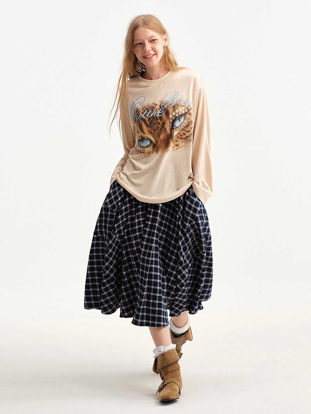 Outtheblue Navy Plaid Cat Graphic Midi Skirt | Canton Collective