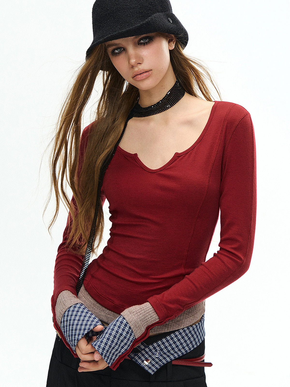 Deleteex Notched Neck Fitted Long Sleeve Layered Top | Canton Collective