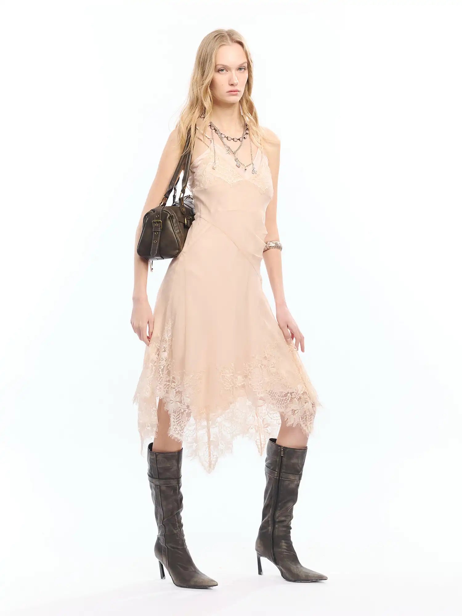 2th Desire Nude Pink Asymmetric Lace Trim Slip Dress | Canton Collective