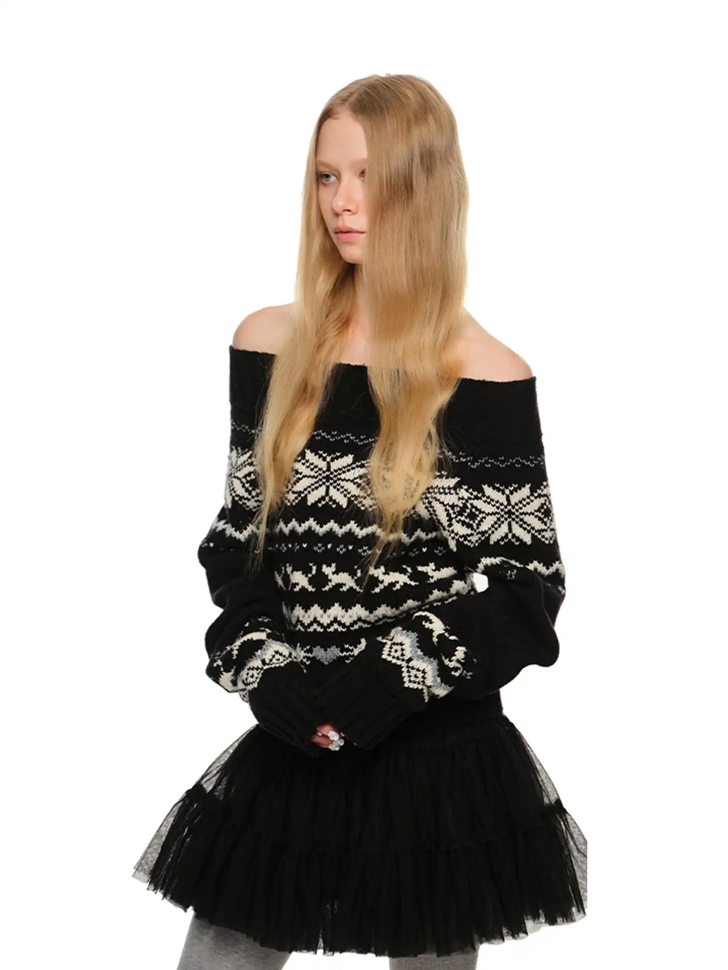 1Jinn Studio Off-Shoulder Christmas Fair Isle Sweater | Canton Collective