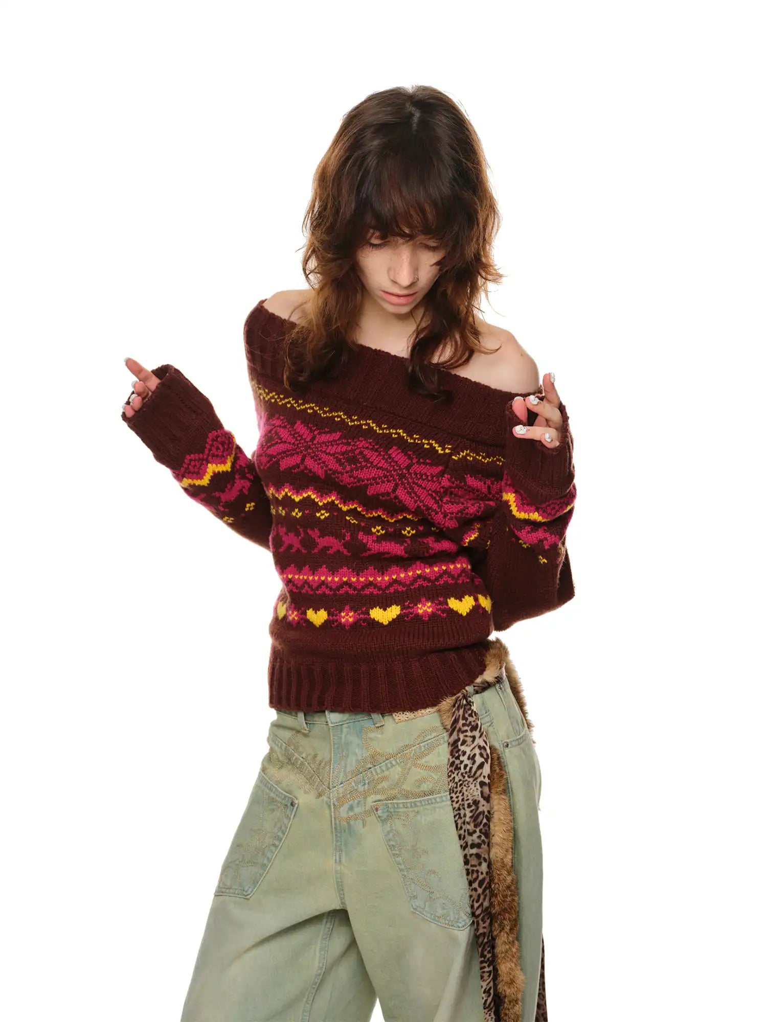 1Jinn Studio Off-Shoulder Christmas Fair Isle Sweater | Canton Collective