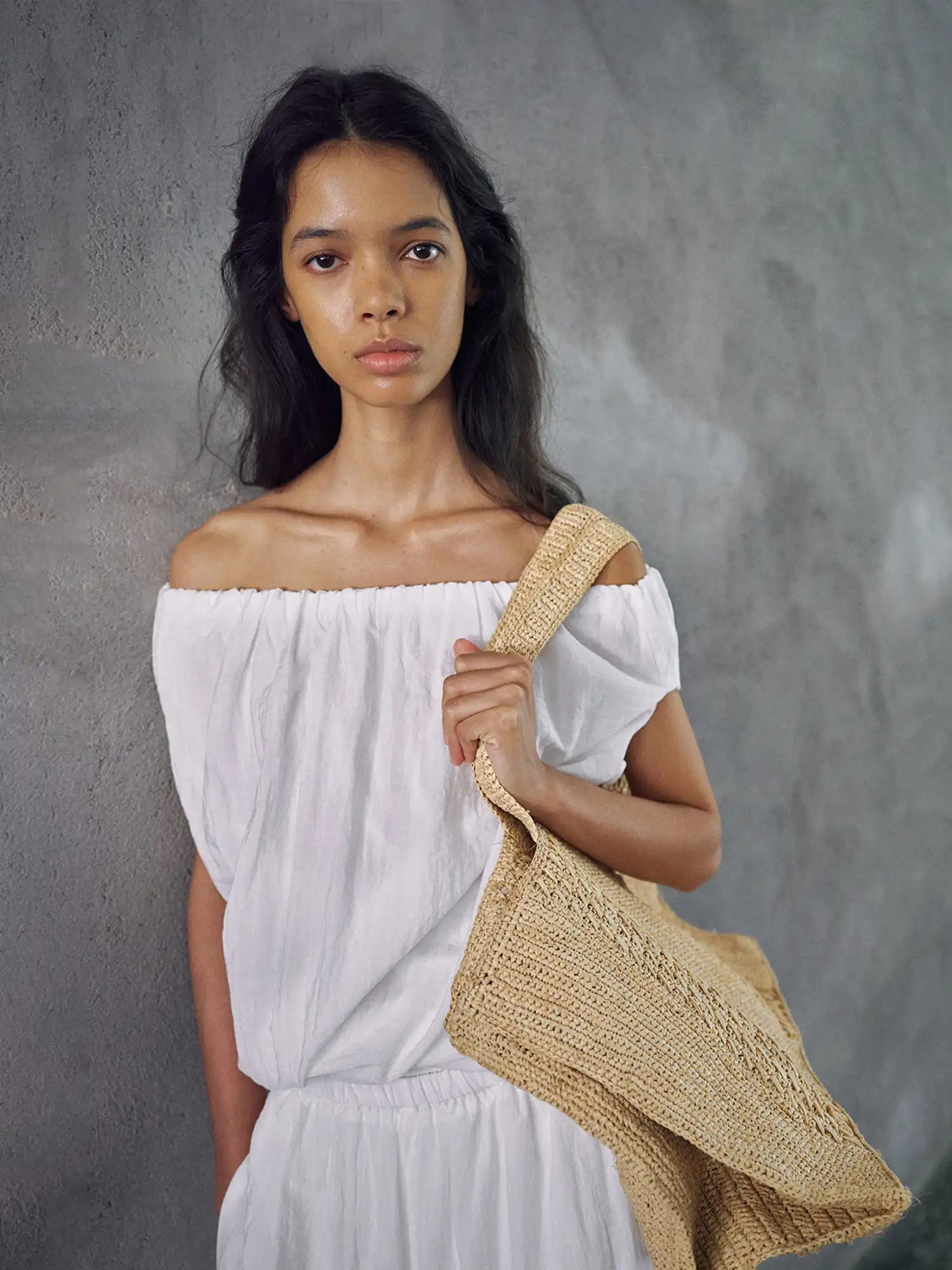 CantonCollective Design Off-Shoulder Linen Blouson Top with Elastic Neckline | Canton Collective