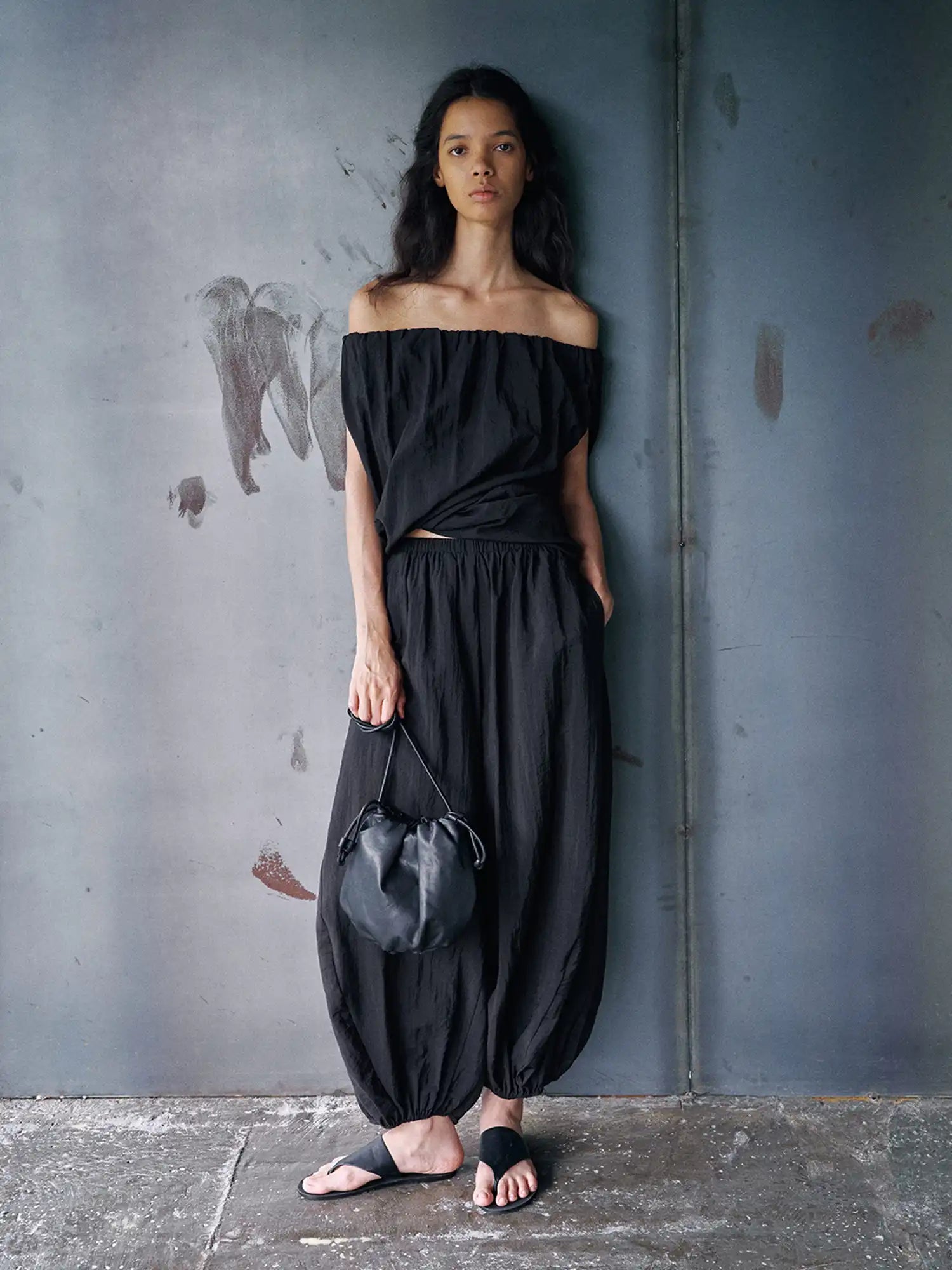 CantonCollective Design Off-Shoulder Linen Blouson Top with Elastic Neckline | Canton Collective