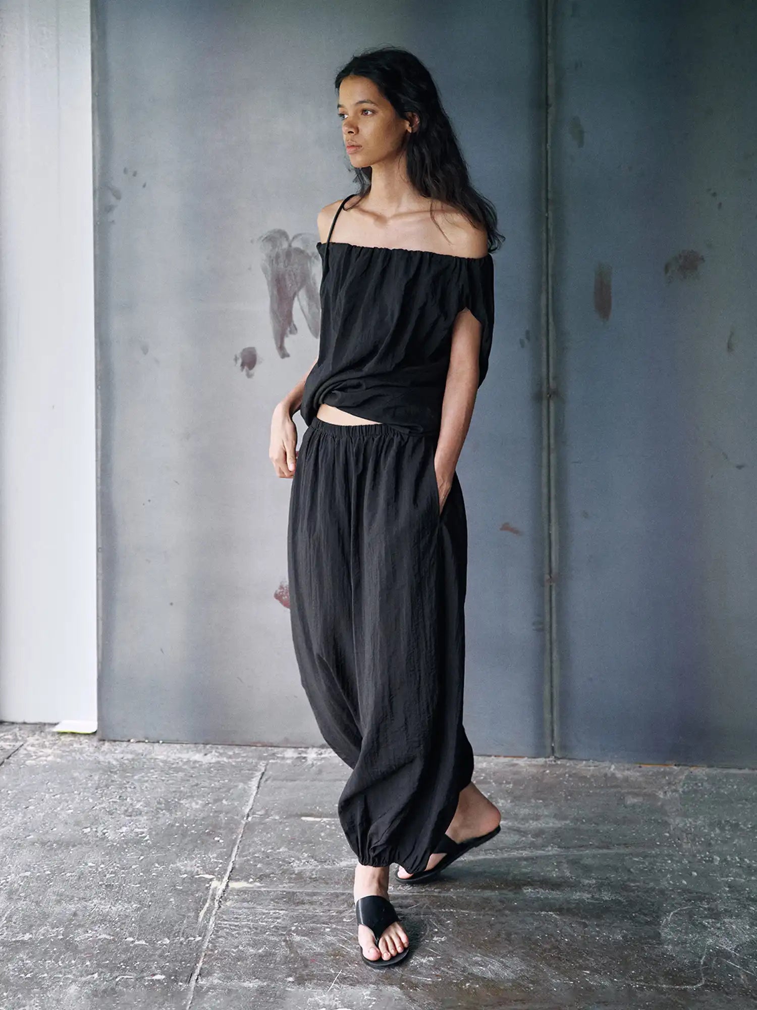 CantonCollective Design Off-Shoulder Linen Blouson Top with Elastic Neckline | Canton Collective
