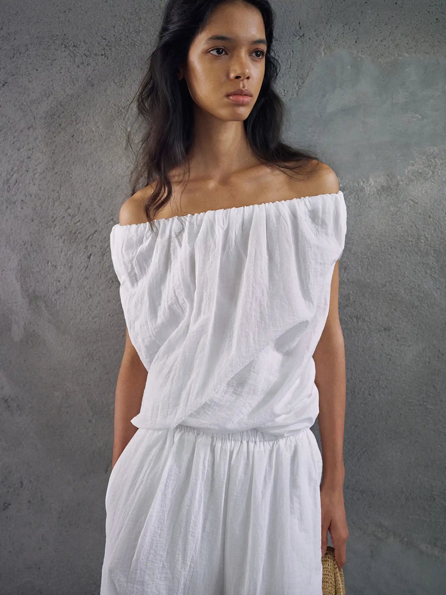 CantonCollective Design Off-Shoulder Linen Blouson Top with Elastic Neckline | Canton Collective