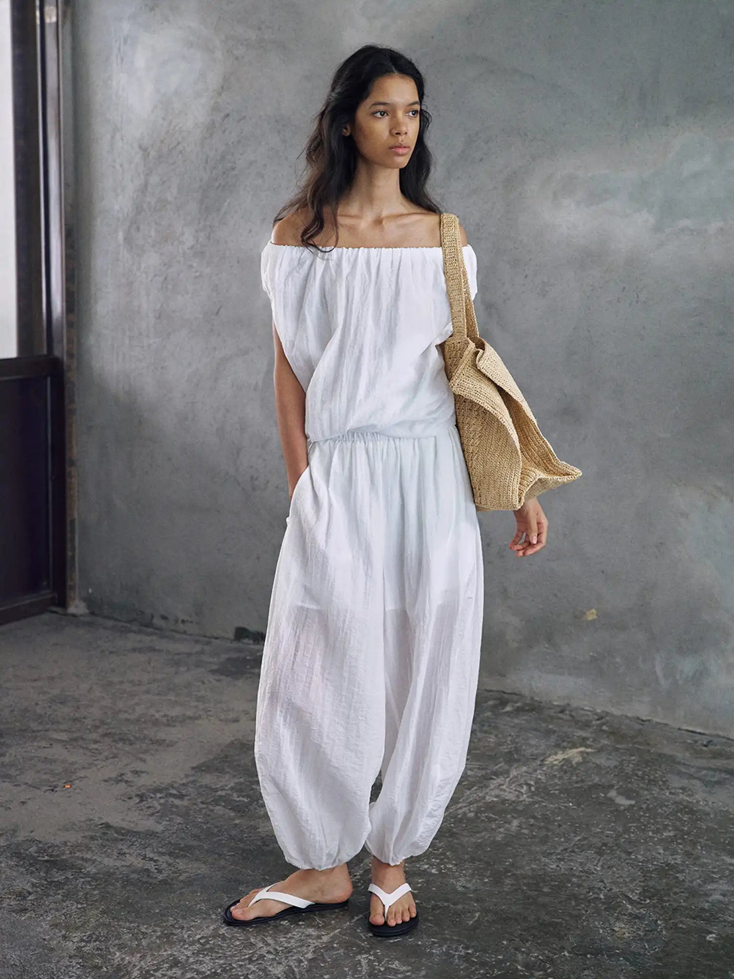 CantonCollective Design Off-Shoulder Linen Blouson Top with Elastic Neckline | Canton Collective