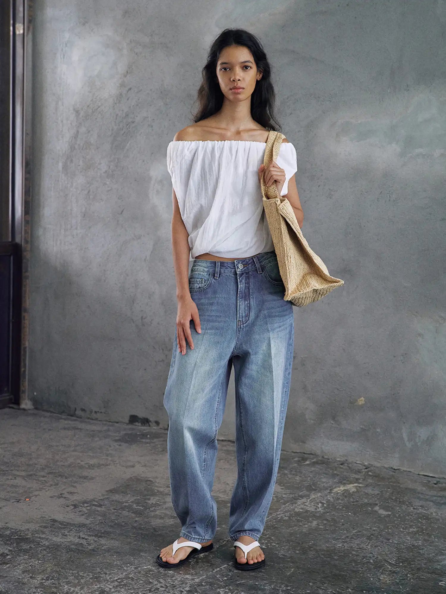 CantonCollective Design Off-Shoulder Linen Blouson Top with Elastic Neckline | Canton Collective