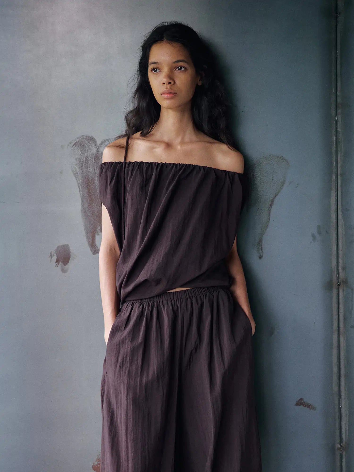 CantonCollective Design Off-Shoulder Linen Blouson Top with Elastic Neckline | Canton Collective