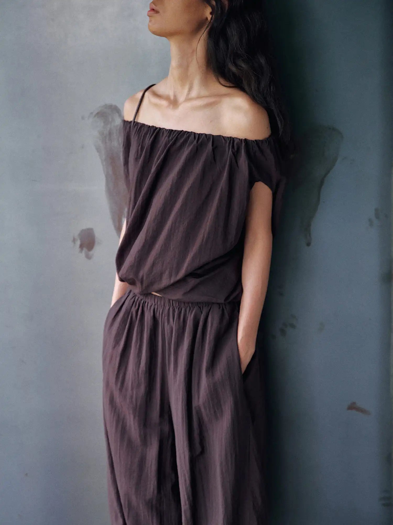 CantonCollective Design Off-Shoulder Linen Blouson Top with Elastic Neckline | Canton Collective