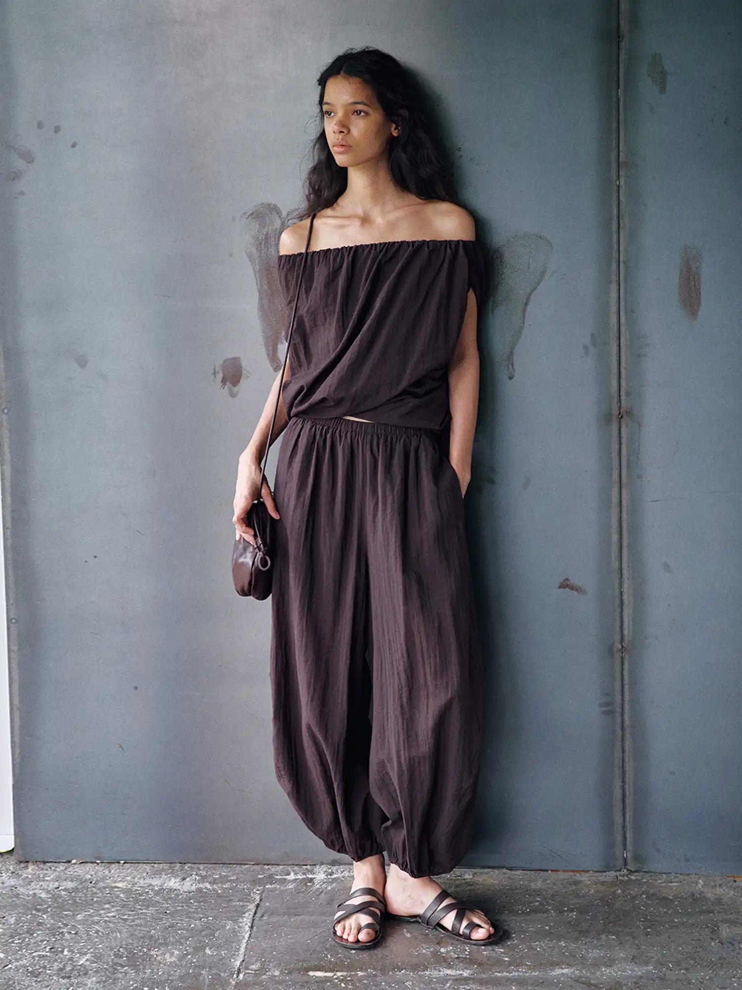 CantonCollective Design Off-Shoulder Linen Blouson Top with Elastic Neckline | Canton Collective