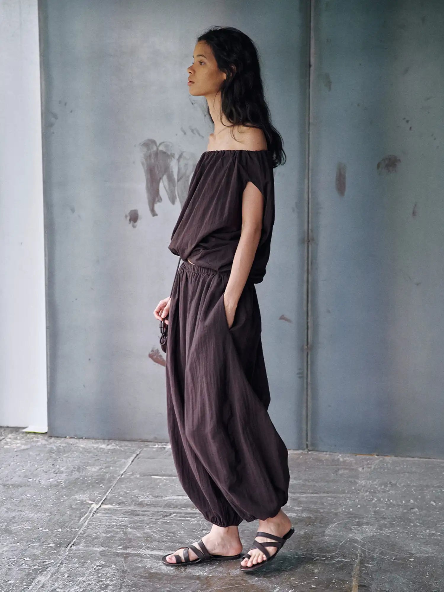 CantonCollective Design Off-Shoulder Linen Blouson Top with Elastic Neckline | Canton Collective