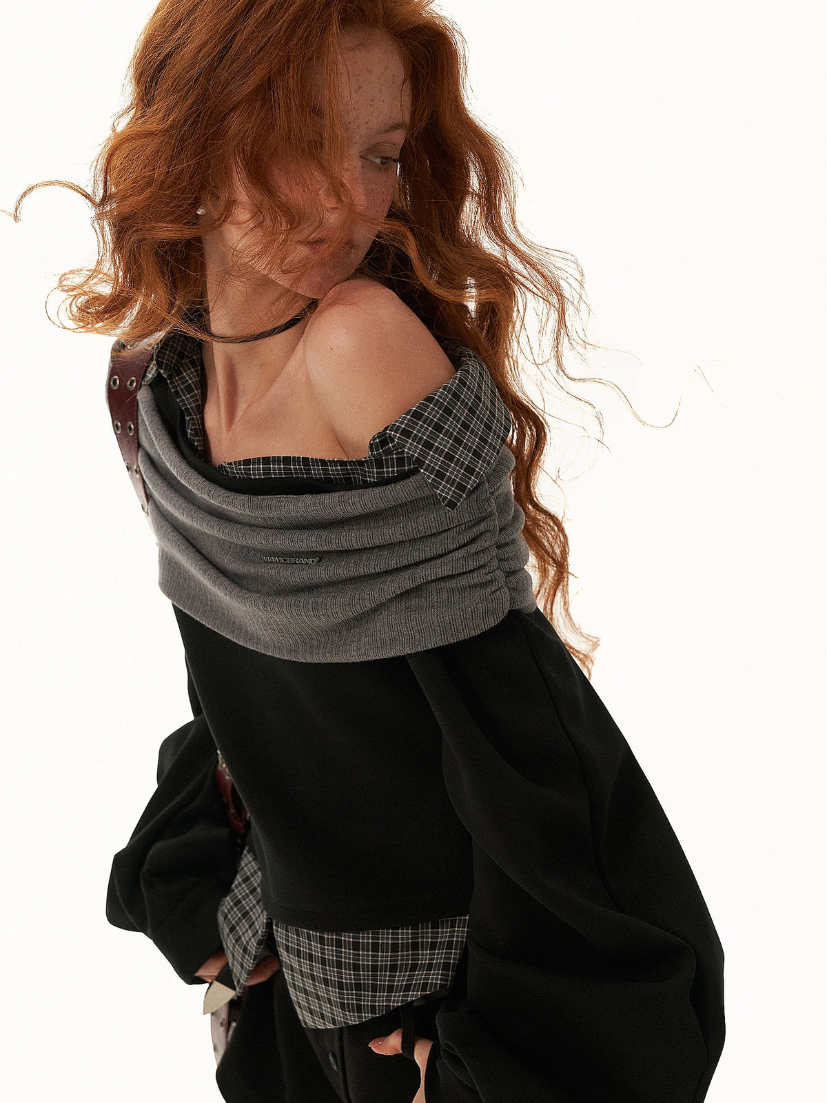 MAMC Off-Shoulder Plaid Layered Sweatshirt | Canton Collective