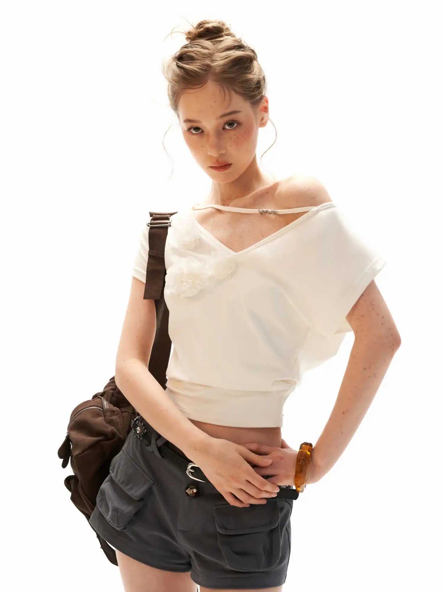 MAMC Off-Shoulder Ruched Asymmetric Blossom Tee | Canton Collective
