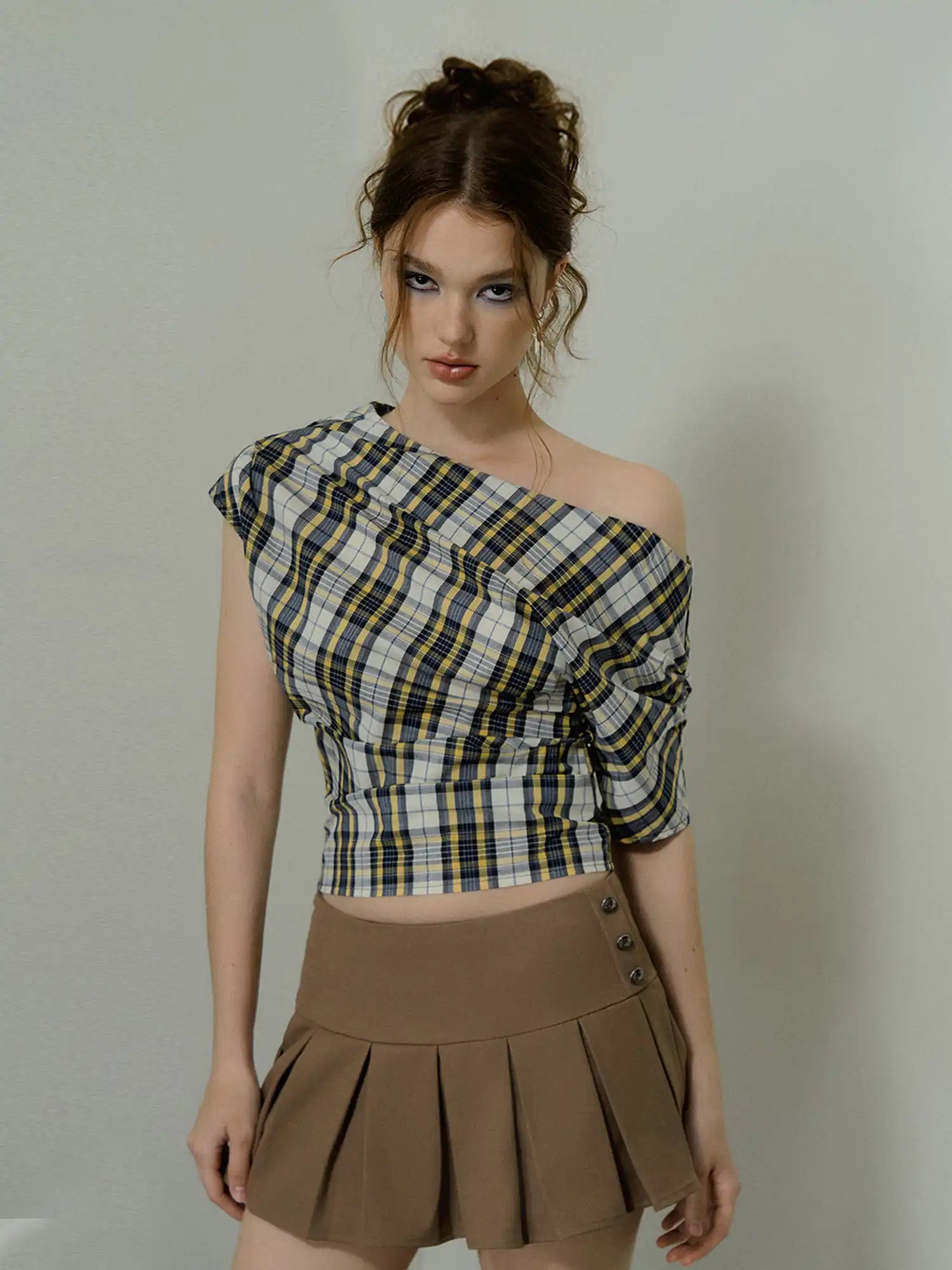 Deleteex Off-Shoulder Ruched Plaid Cowl Neck Top | Canton Collective