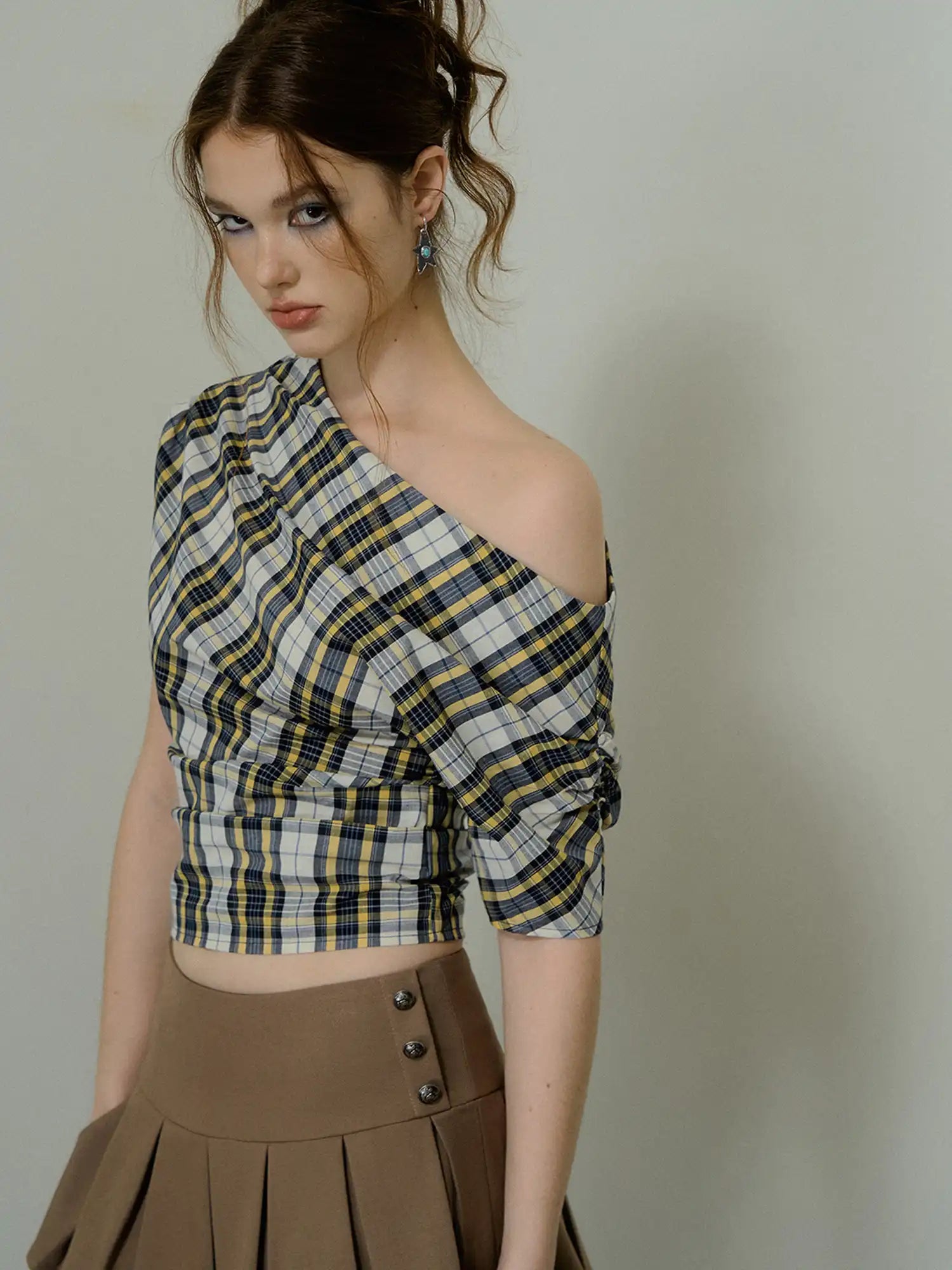 Deleteex Off Shoulder Ruched Gingham Crop Top | Canton Collective