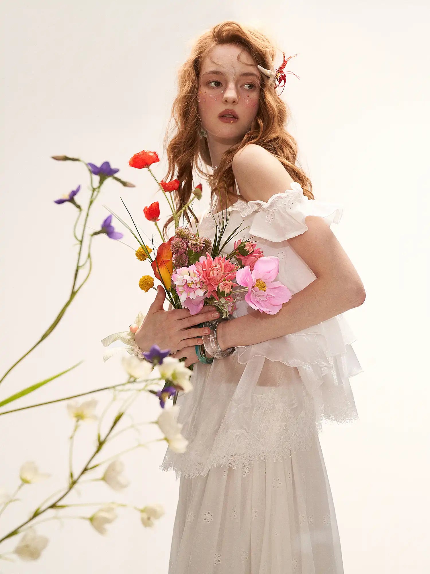 MAMC Off Shoulder Ruffle Hem White Mesh Top | Canton Collective