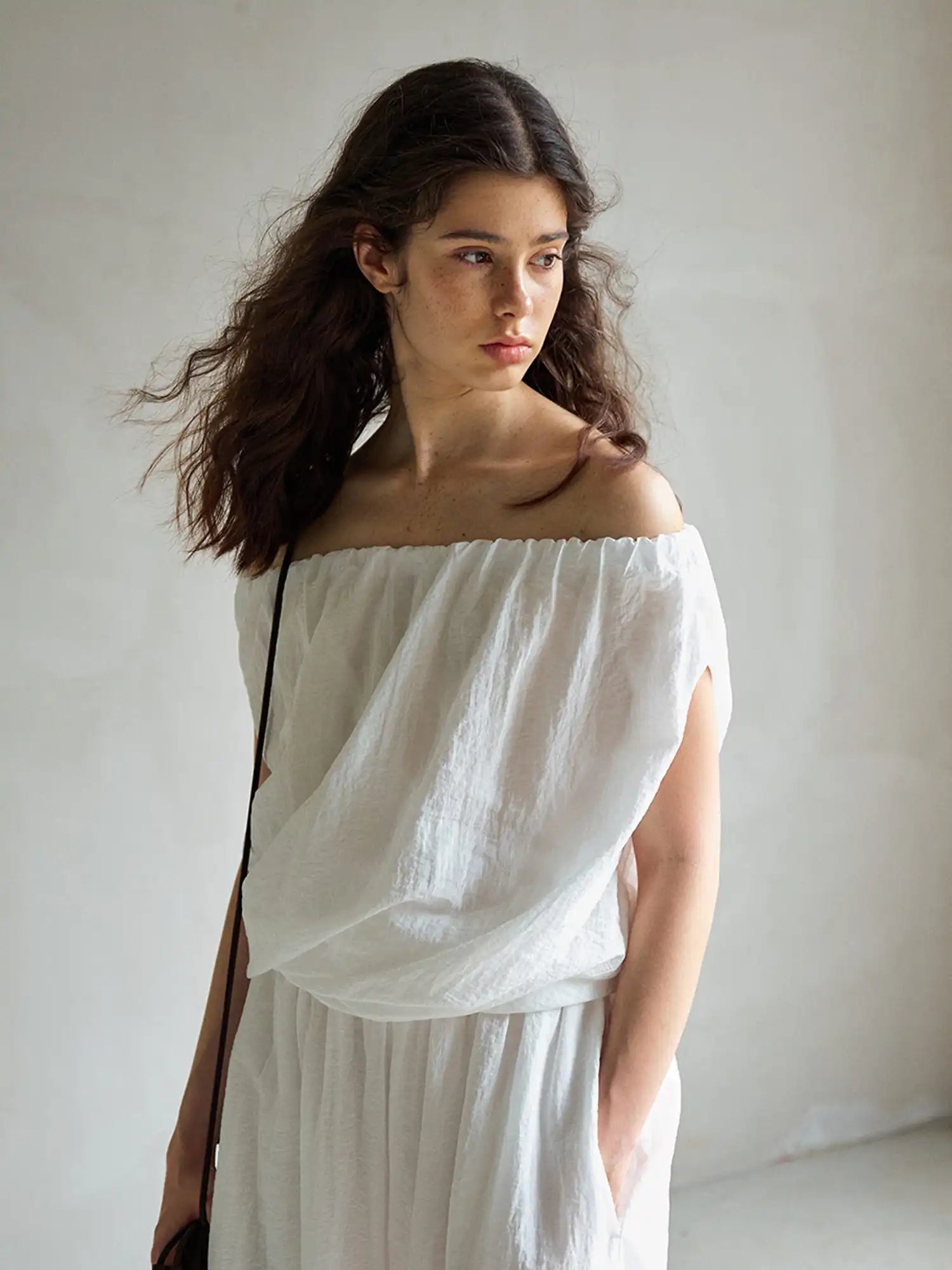 CantonCollective Design Off Shoulder Tencel Top with Ruched Neckline | Canton Collective