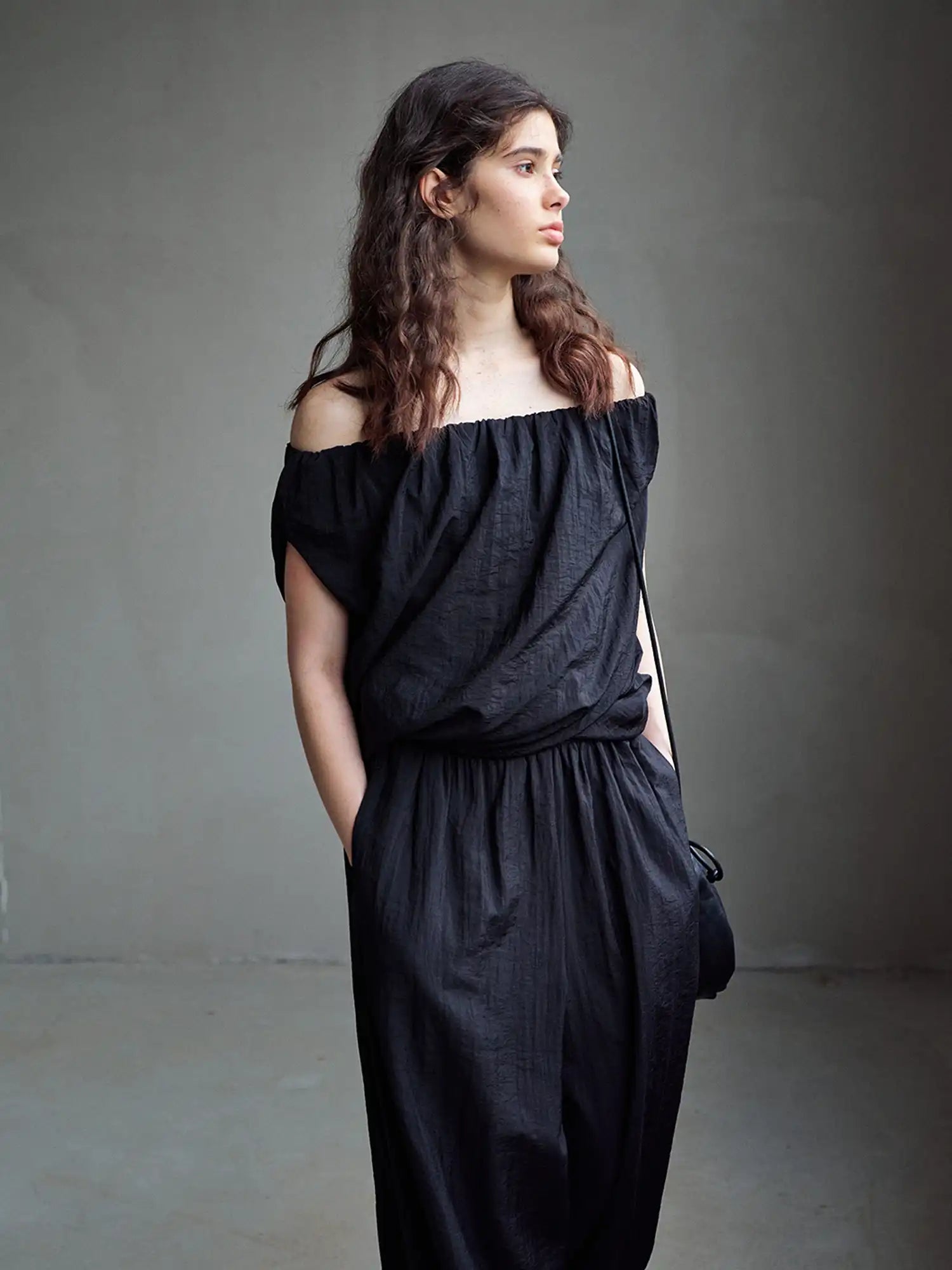 CantonCollective Design Off Shoulder Tencel Top with Ruched Neckline | Canton Collective