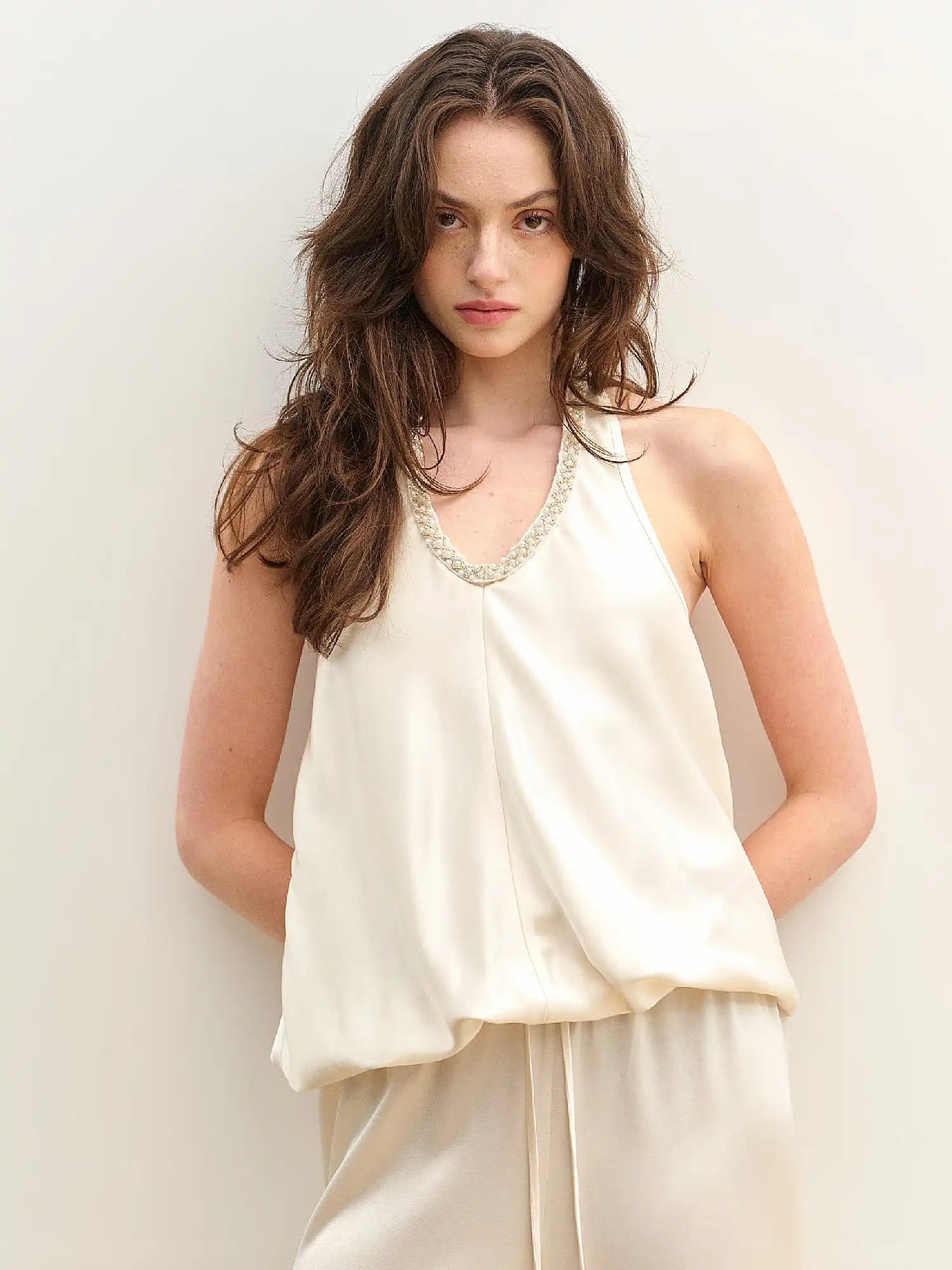 Muse Naps Pearl Trimmed Satin Bubble Halter Top | Canton Collective