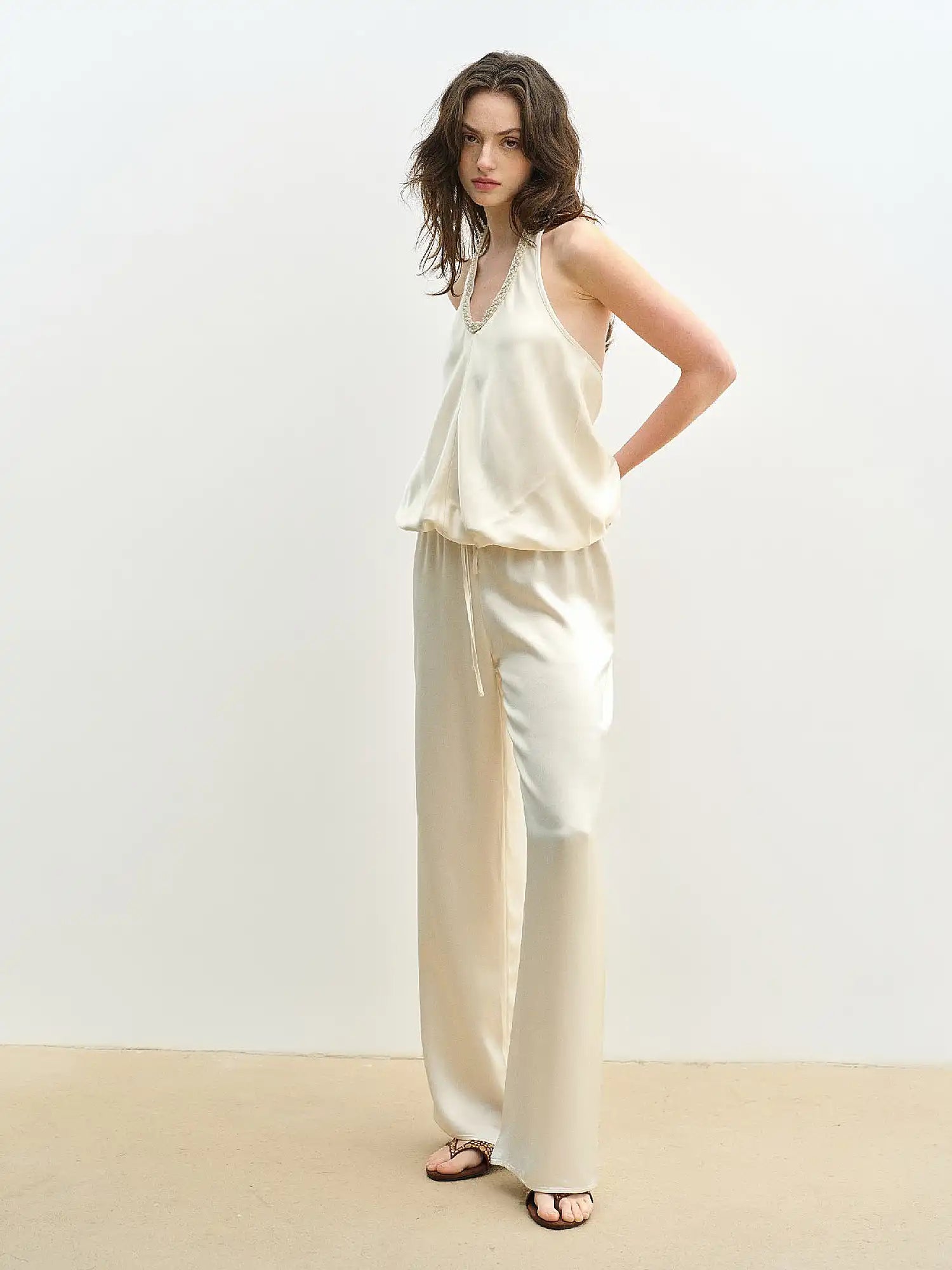 Muse Naps Pearl Trimmed Satin Bubble Halter Top | Canton Collective