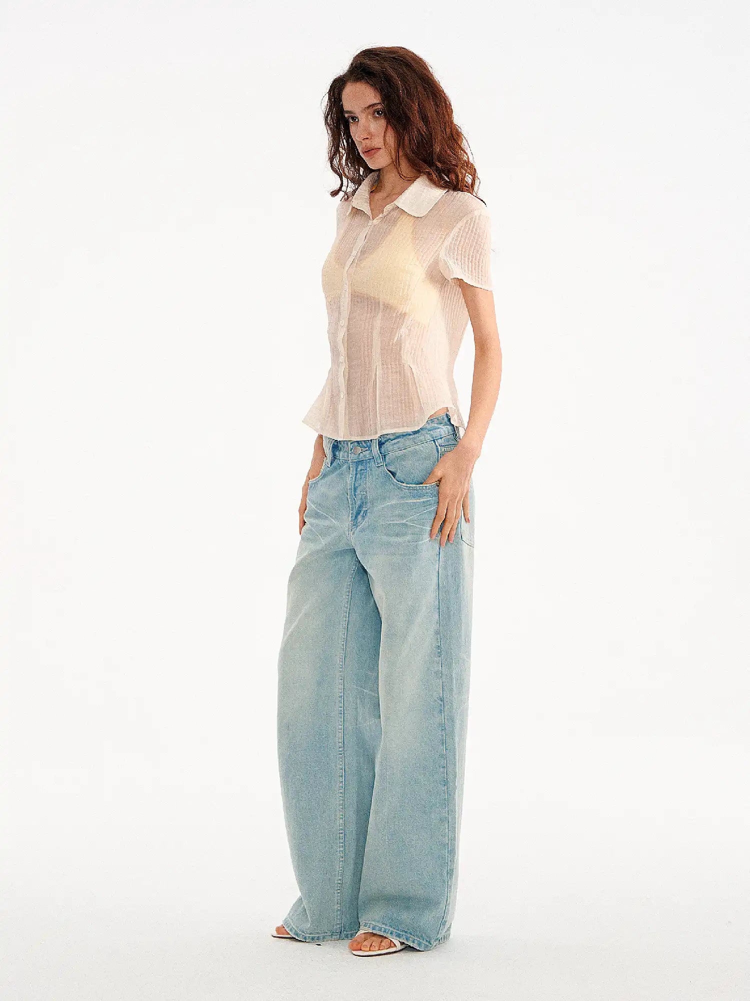Muse Naps Peter Pan Collar Sheer Peplum Shirt Top | Canton Collective