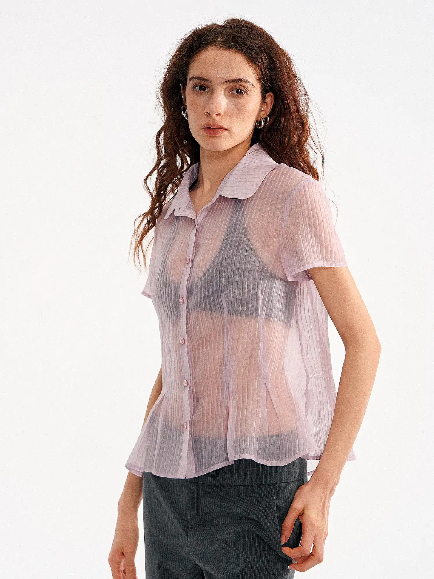 Muse Naps Peter Pan Collar Sheer Peplum Shirt Top | Canton Collective