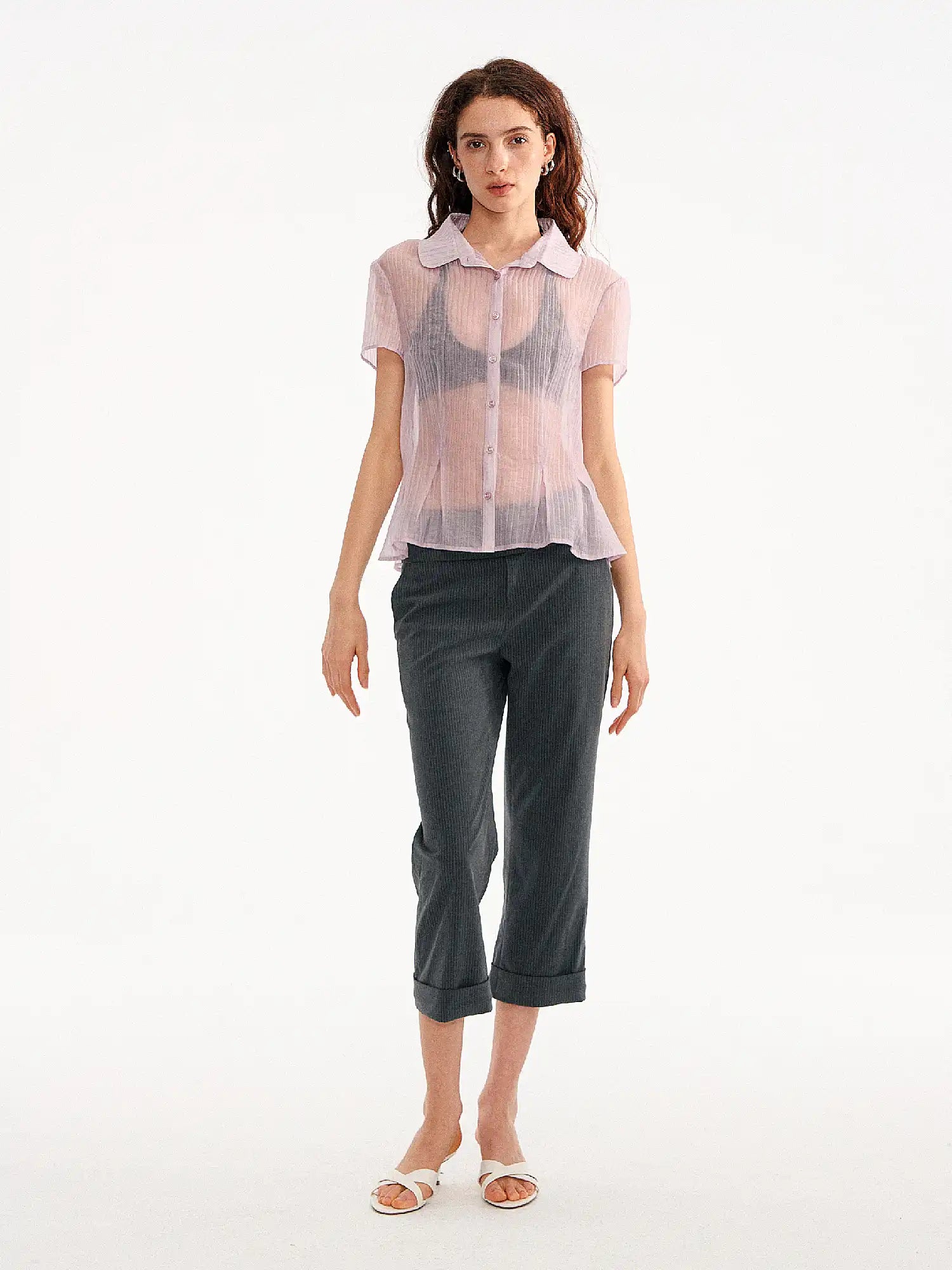 Muse Naps Peter Pan Collar Sheer Peplum Shirt Top | Canton Collective