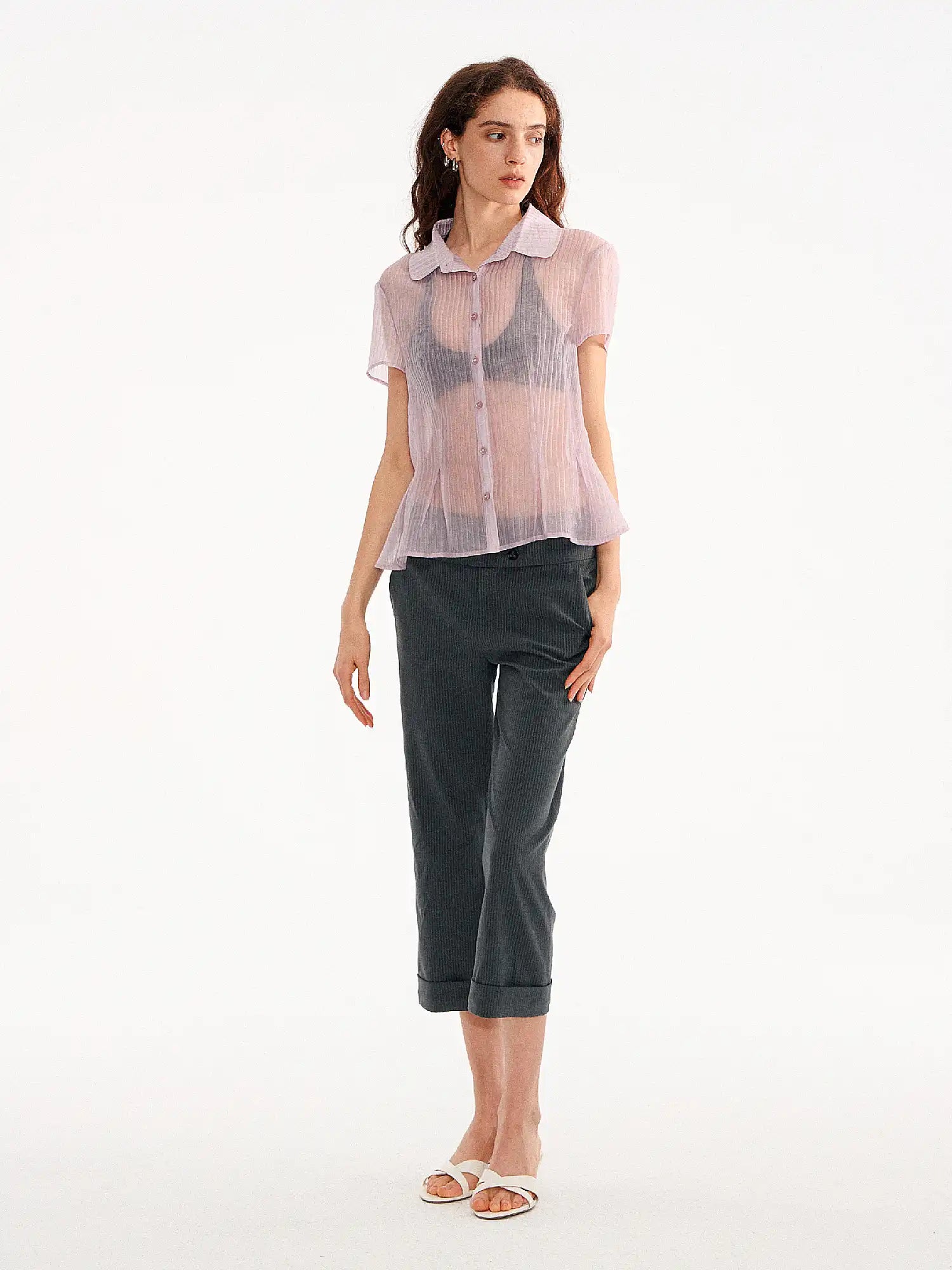 Muse Naps Peter Pan Collar Sheer Peplum Shirt Top | Canton Collective