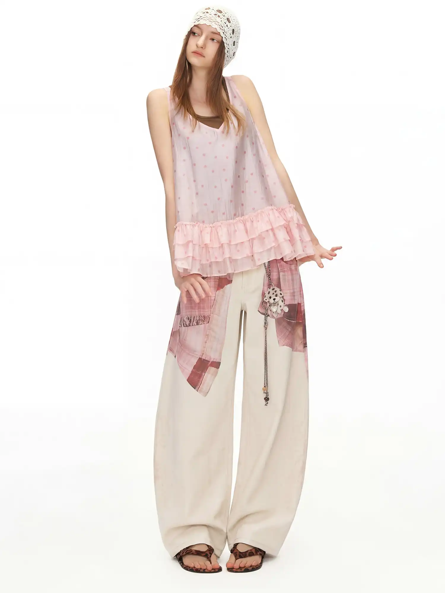 Outtheblue Pink Polka Dot Tiered Ruffle V-Neck Tank Dress | Canton Collective