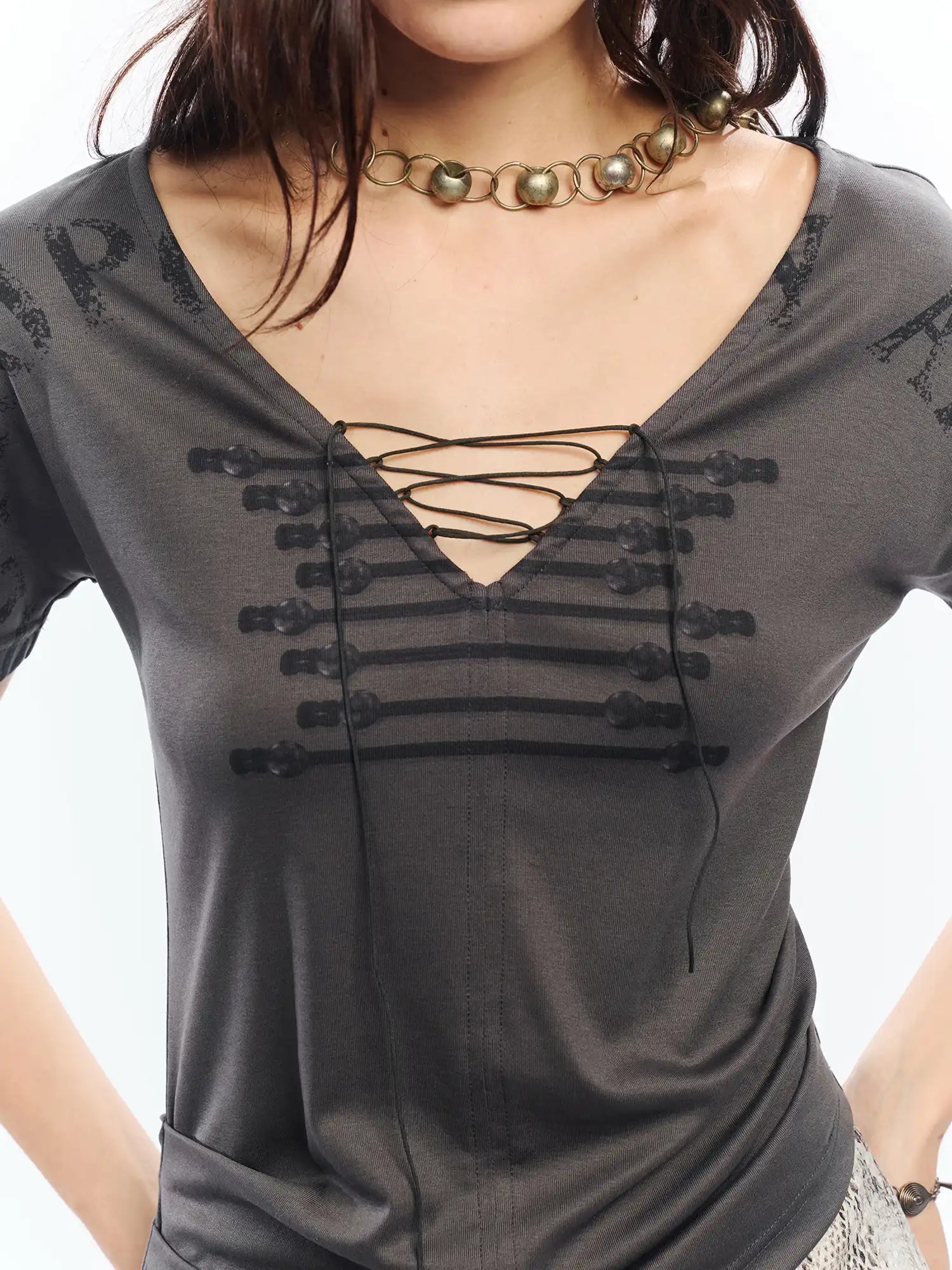 2th Desire Pirate-Core V-Neck Tee With Faux Double-Breasted Lace-Up Detail | Canton Collective