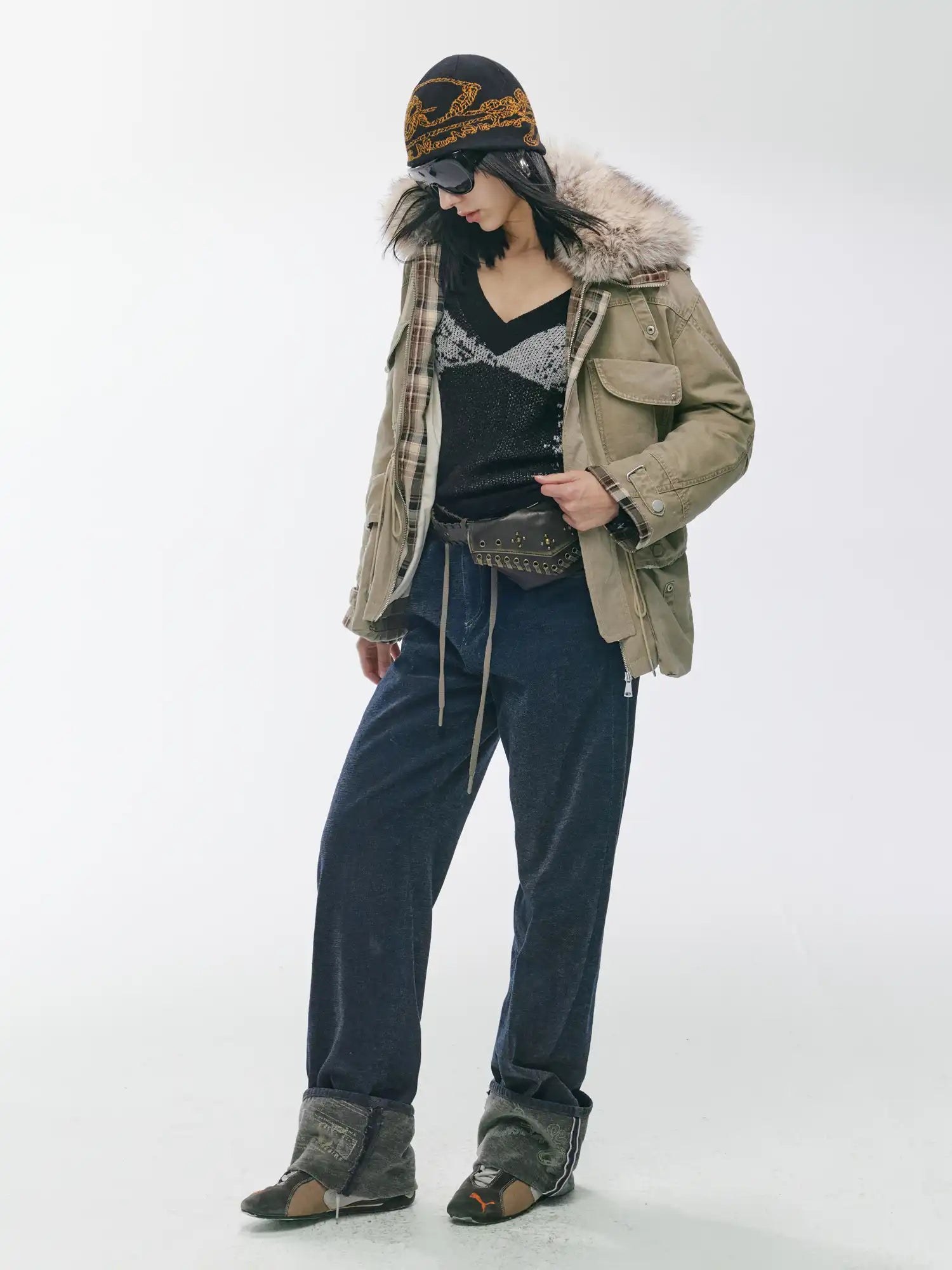 2th Desire Plaid Patchwork Multi-Pocket Down Jacket | Canton Collective
