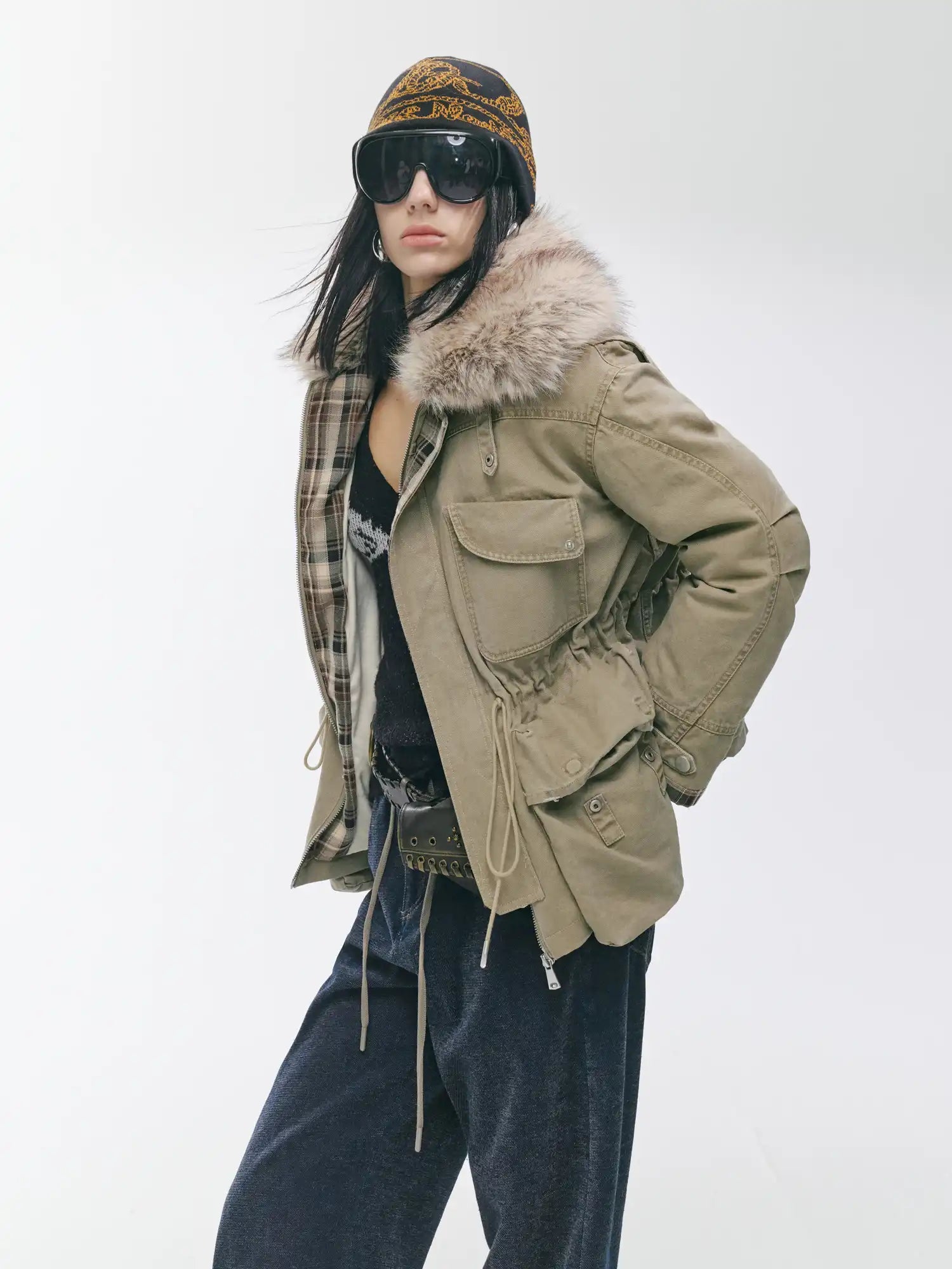 2th Desire Plaid Patchwork Multi-Pocket Down Jacket | Canton Collective