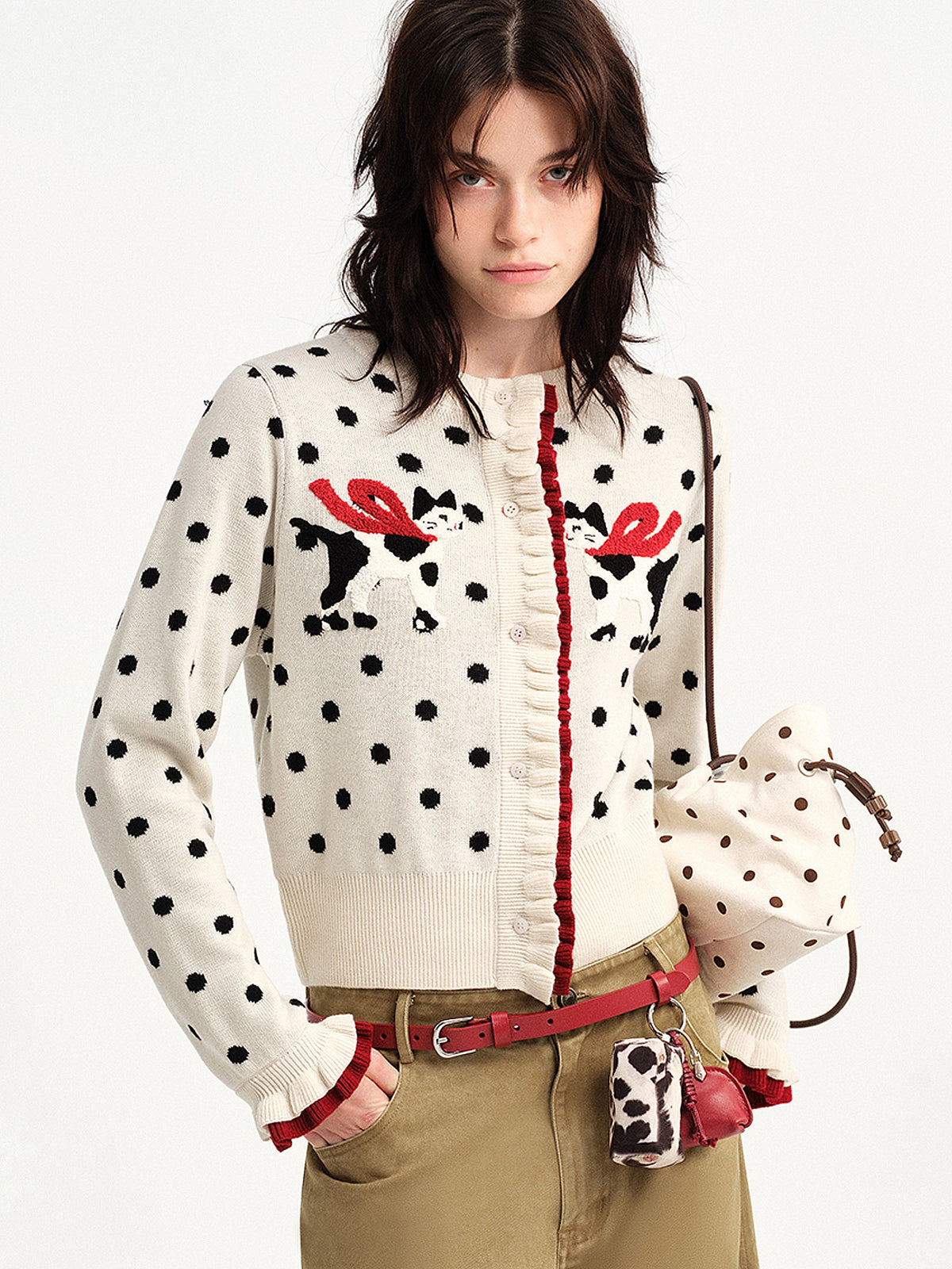 Outtheblue Polka Dot Ruffle Placket Cardigan | Canton Collective