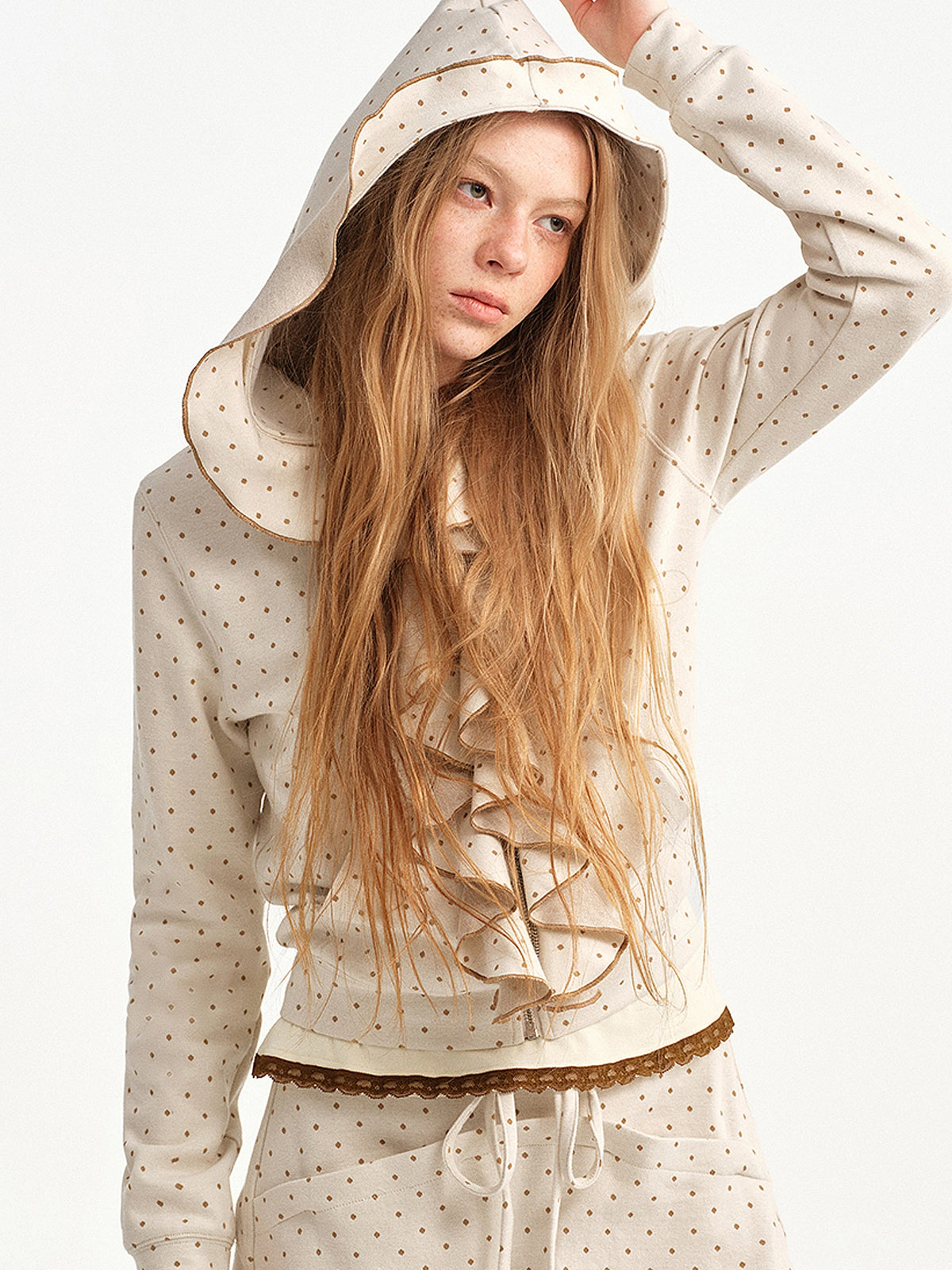 Outtheblue Polka Dot Ruffle Zip Up Cropped Hoodie | Canton Collective