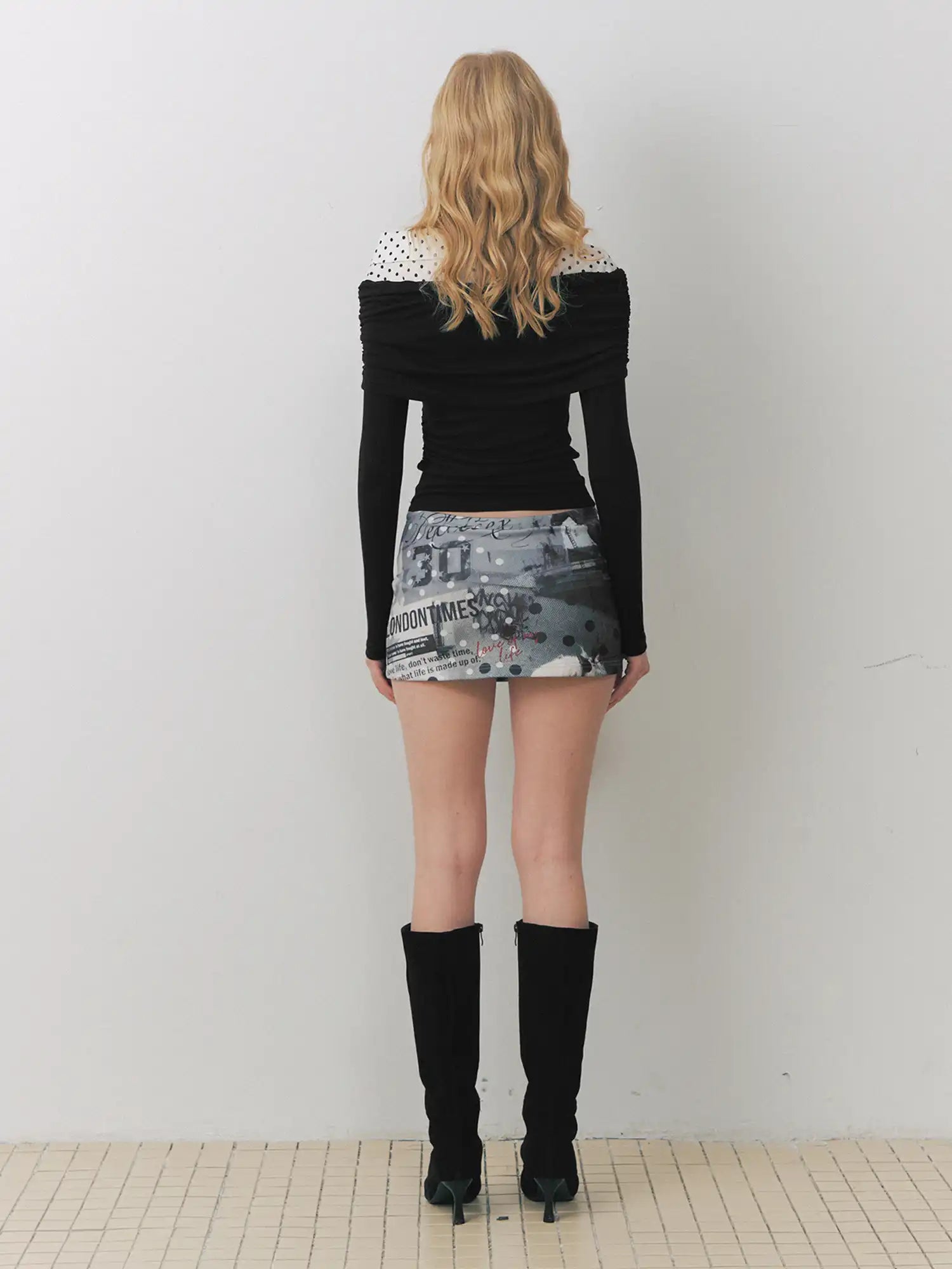 Deleteex Polka Dot Shirt Docking Off-Shoulder Knit Top | Canton Collective