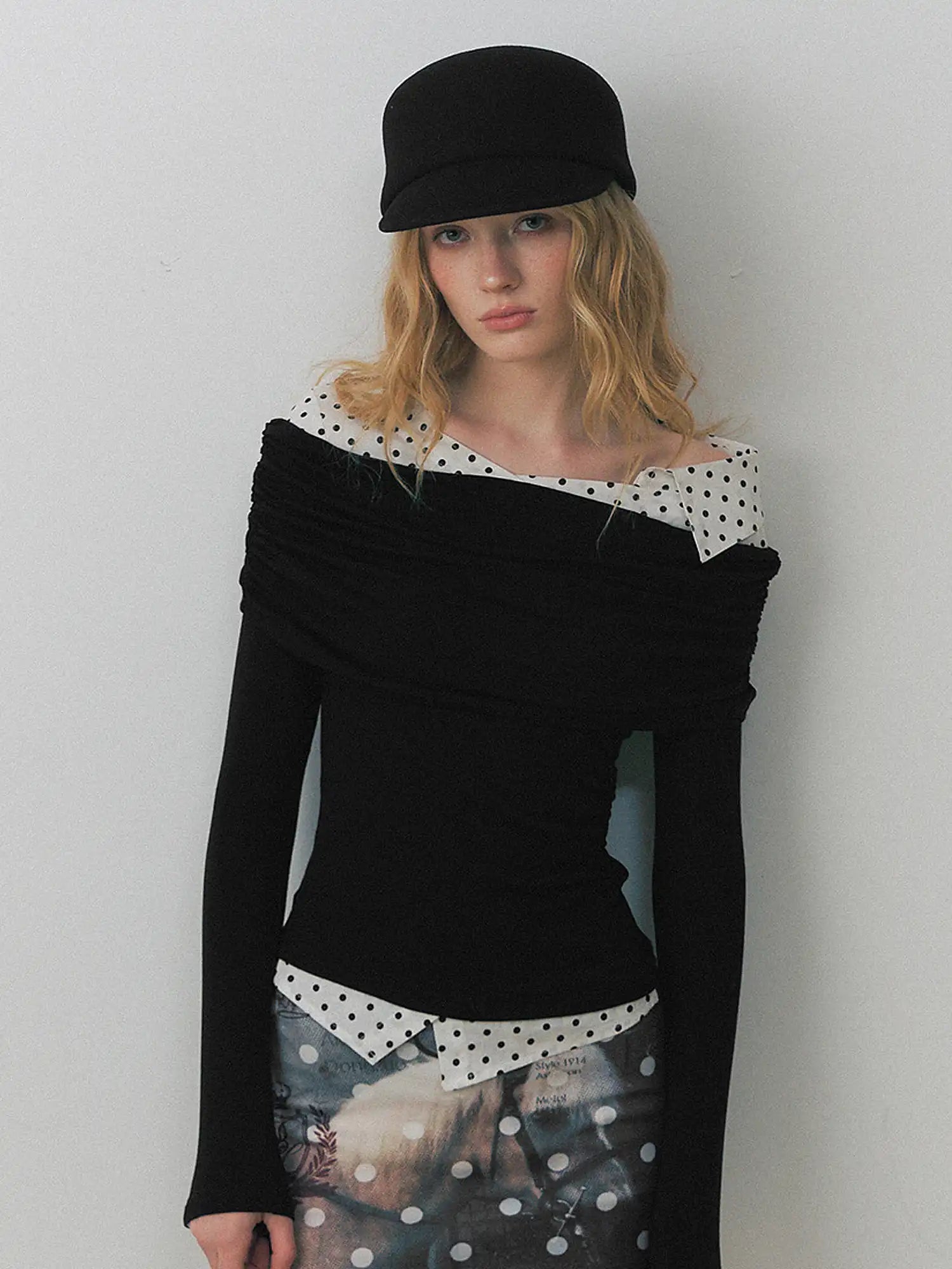 Deleteex Polka Dot Shirt Docking Off-Shoulder Knit Top | Canton Collective