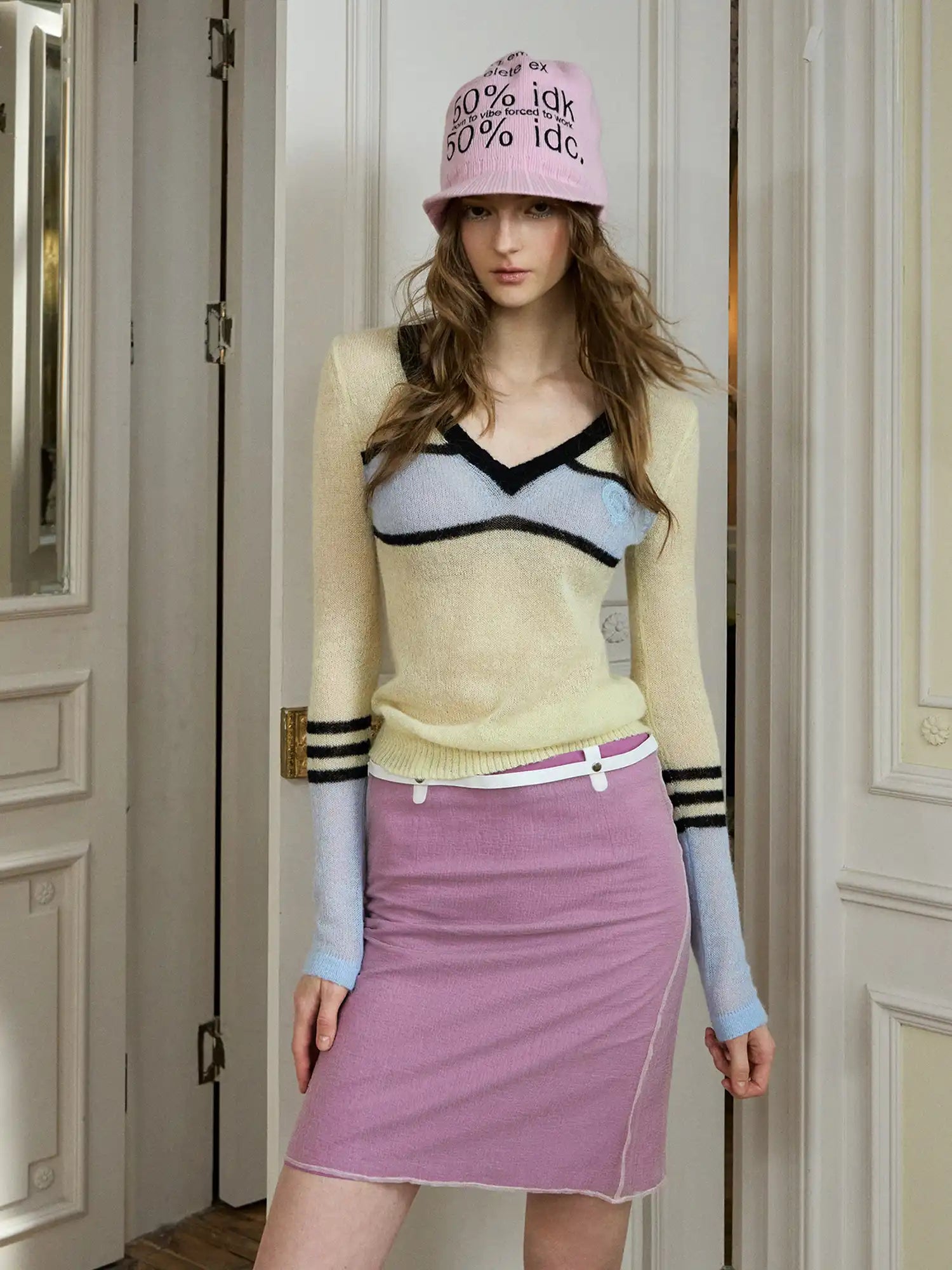 Deleteex Preppy Mohair V-Neck Knit Sweater Pastel Colorblock Stripe Fitted Pullover | Canton Collective