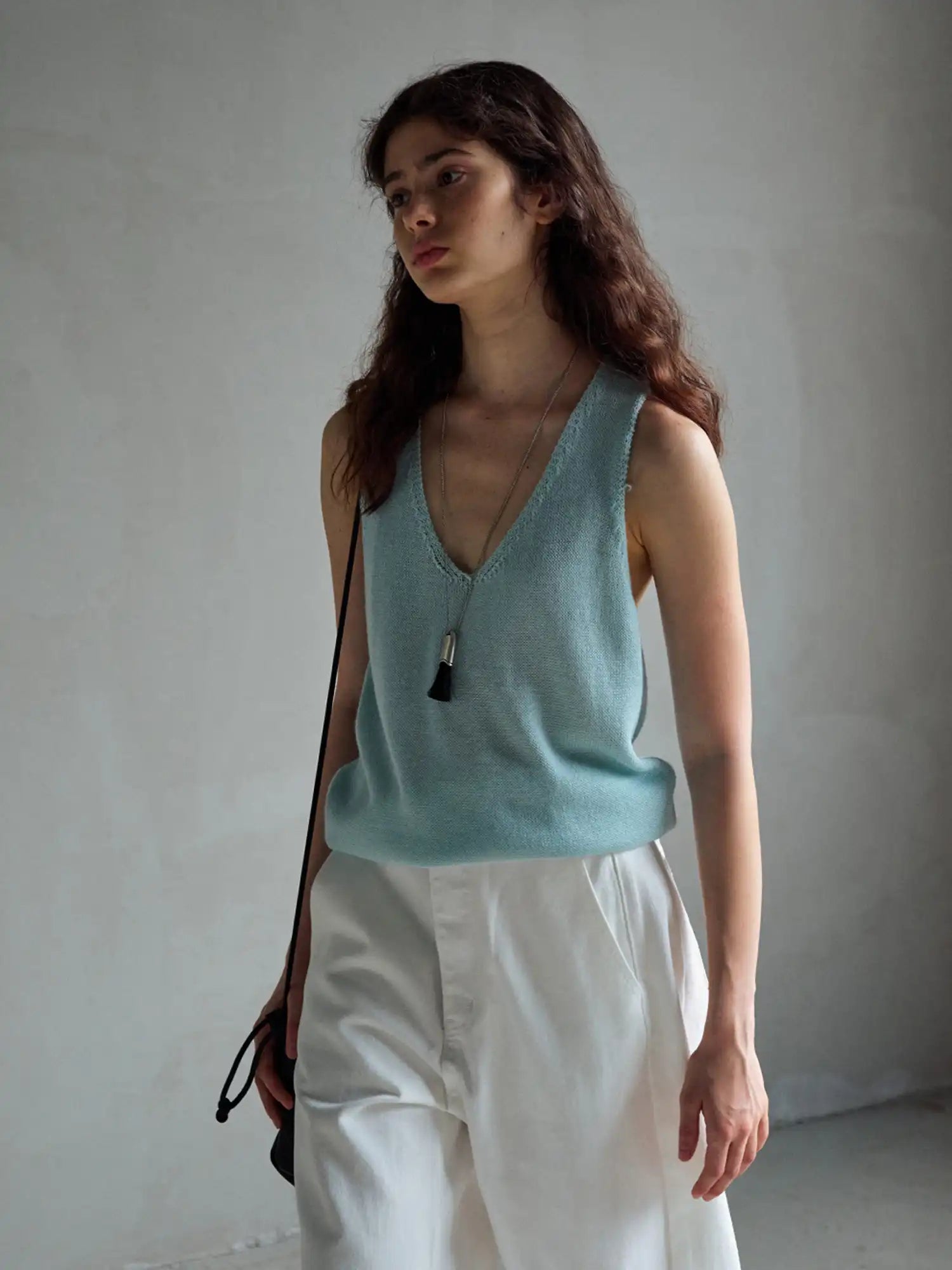 CantonCollective Design Raw Edge V-Neck Wool Blend Tank Top | Canton Collective